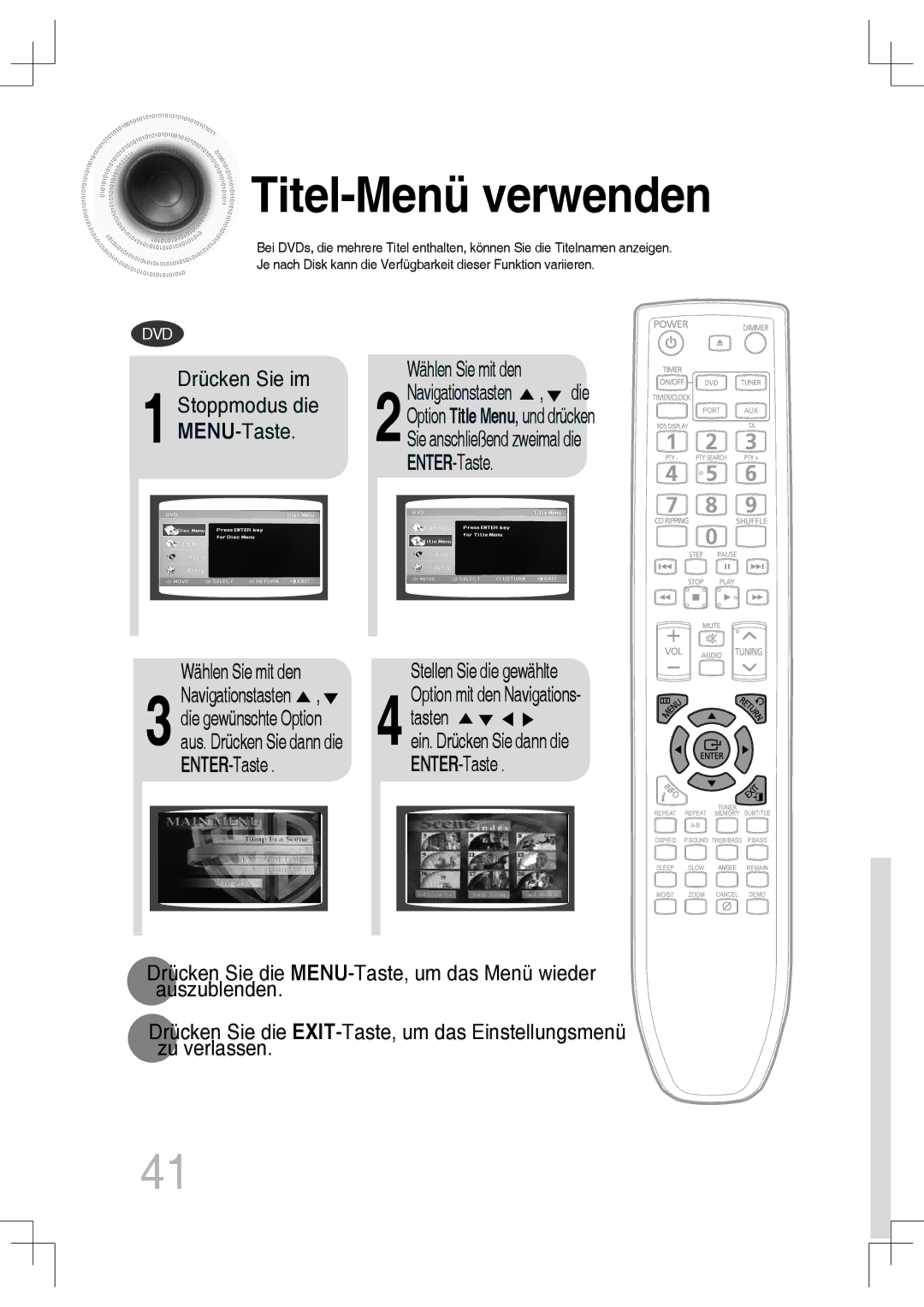 Samsung MM-C550D/EDC, MM-C530D/EDC, MM-C430D/XEN, MM-C430D/EDC, MM-C530D/XEN manual Titel-Menü verwenden 