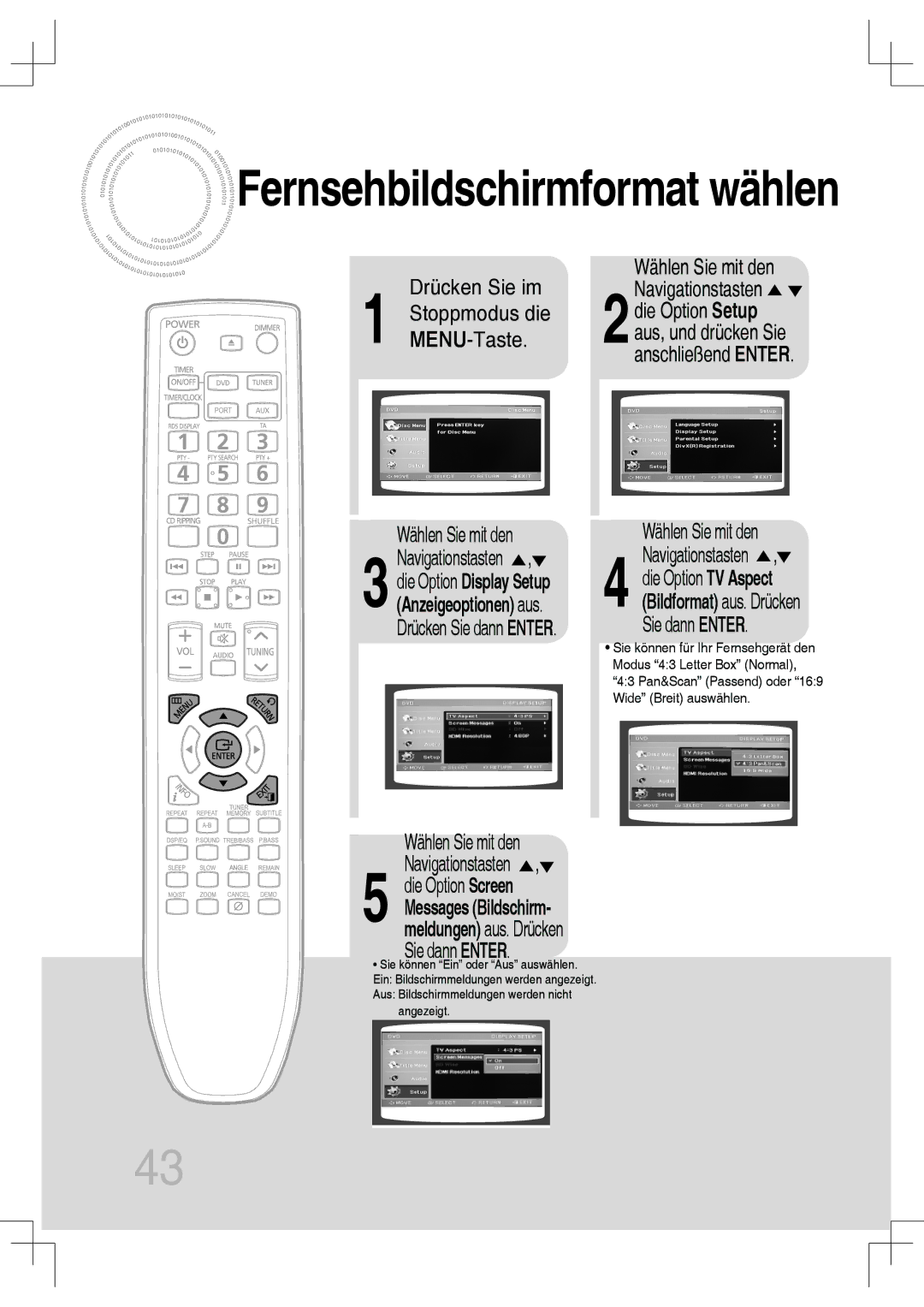 Samsung MM-C530D/EDC, MM-C430D/XEN, MM-C430D/EDC, MM-C550D/EDC Drücken Sie dann Enter Wählen Sie mit den, Die Option Screen 