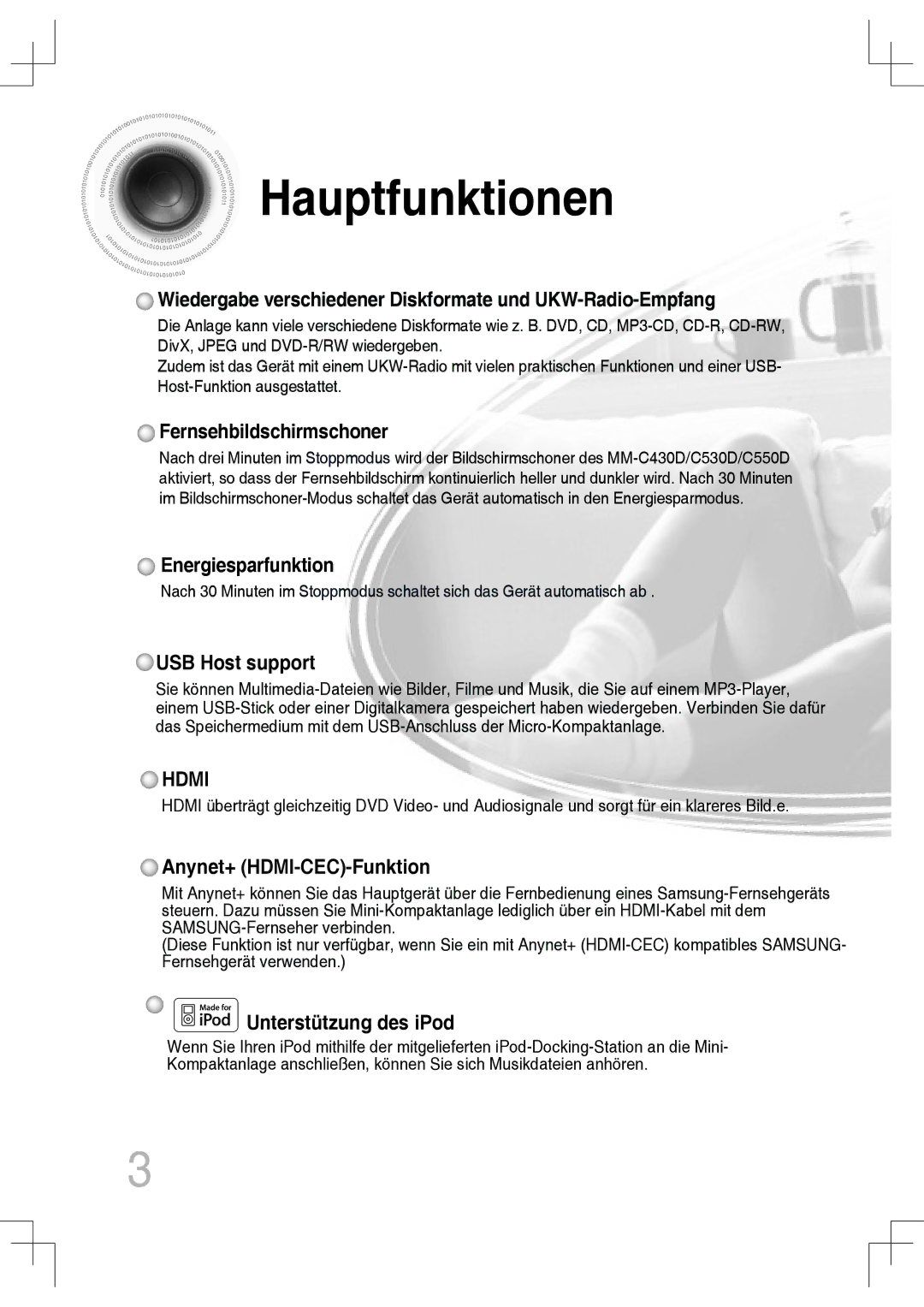 Samsung MM-C530D/EDC, MM-C430D/XEN manual Hauptfunktionen, Wiedergabe verschiedener Diskformate und UKW-Radio-Empfang 