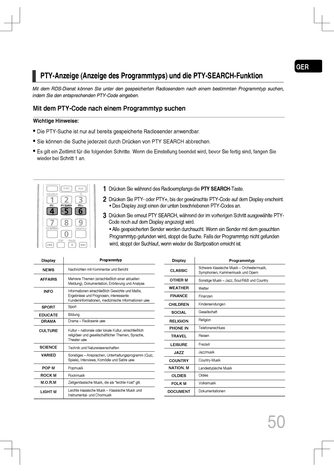 Samsung MM-C430D/EDC, MM-C530D/EDC, MM-C430D/XEN, MM-C550D/EDC, MM-C530D/XEN Mit dem PTY-Code nach einem Programmtyp suchen 