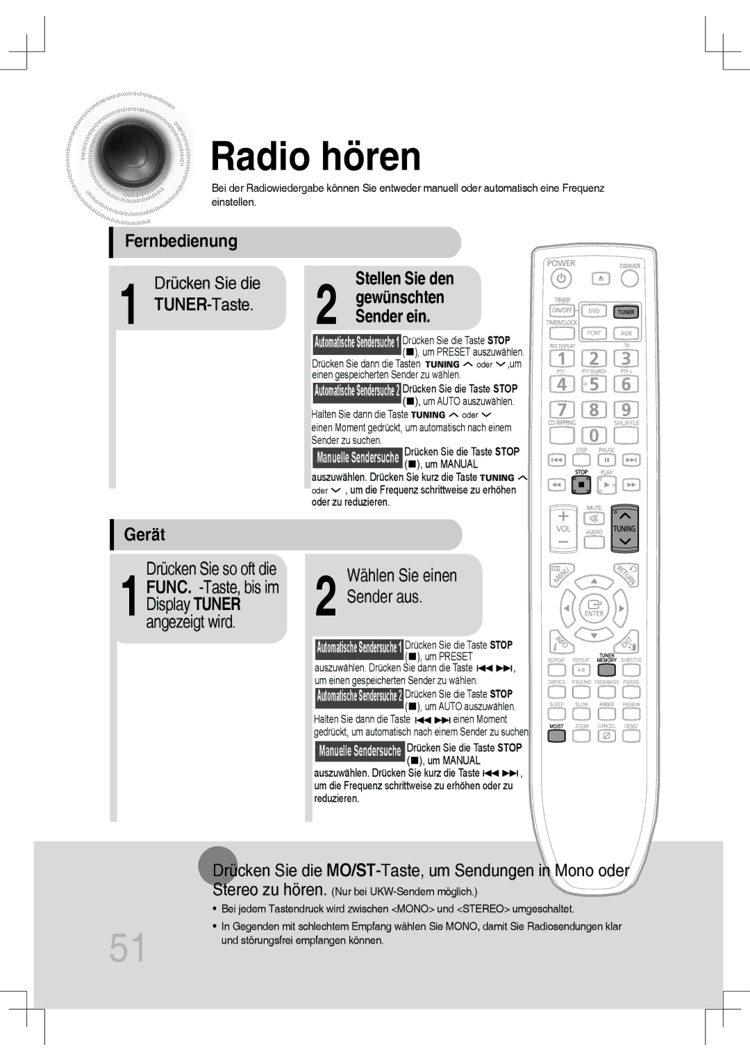 Samsung MM-C550D/EDC, MM-C530D/EDC, MM-C430D/XEN, MM-C430D/EDC manual Radio hören, Fernbedienung, Gerät, Stellen Sie den 