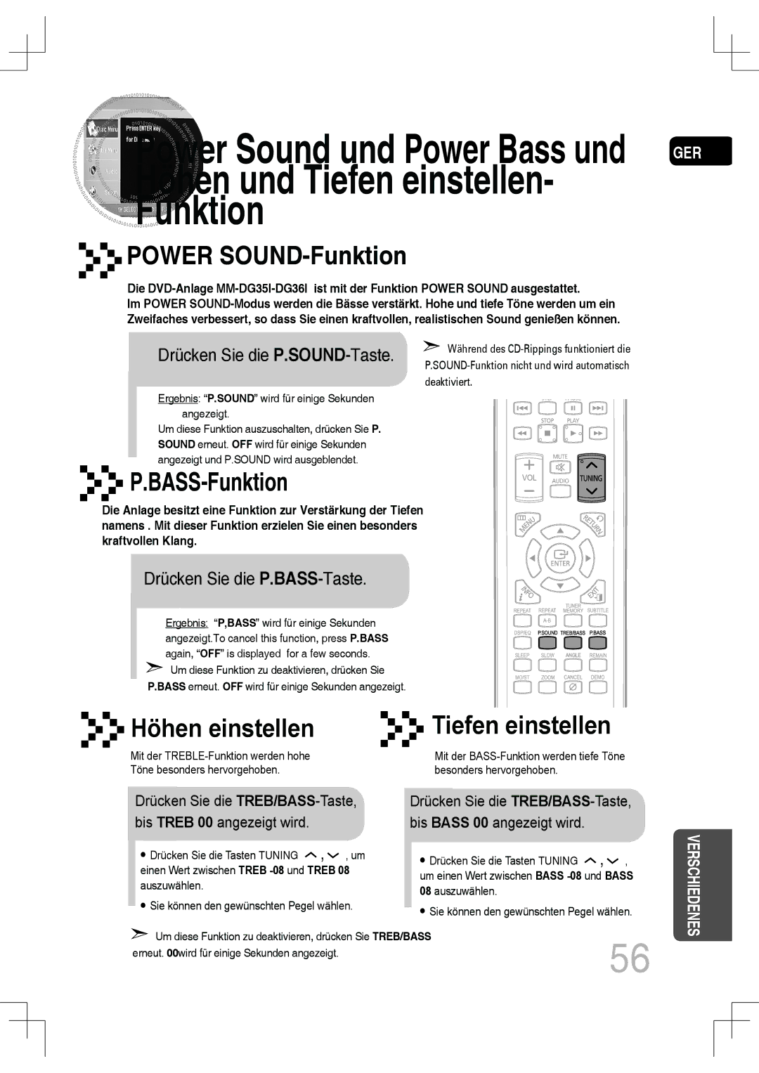 Samsung MM-C550D/EDC Höhen und Tiefen einstellen Funktion, Drücken Sie die P.SOUND-Taste, Drücken Sie die P.BASS-Taste 