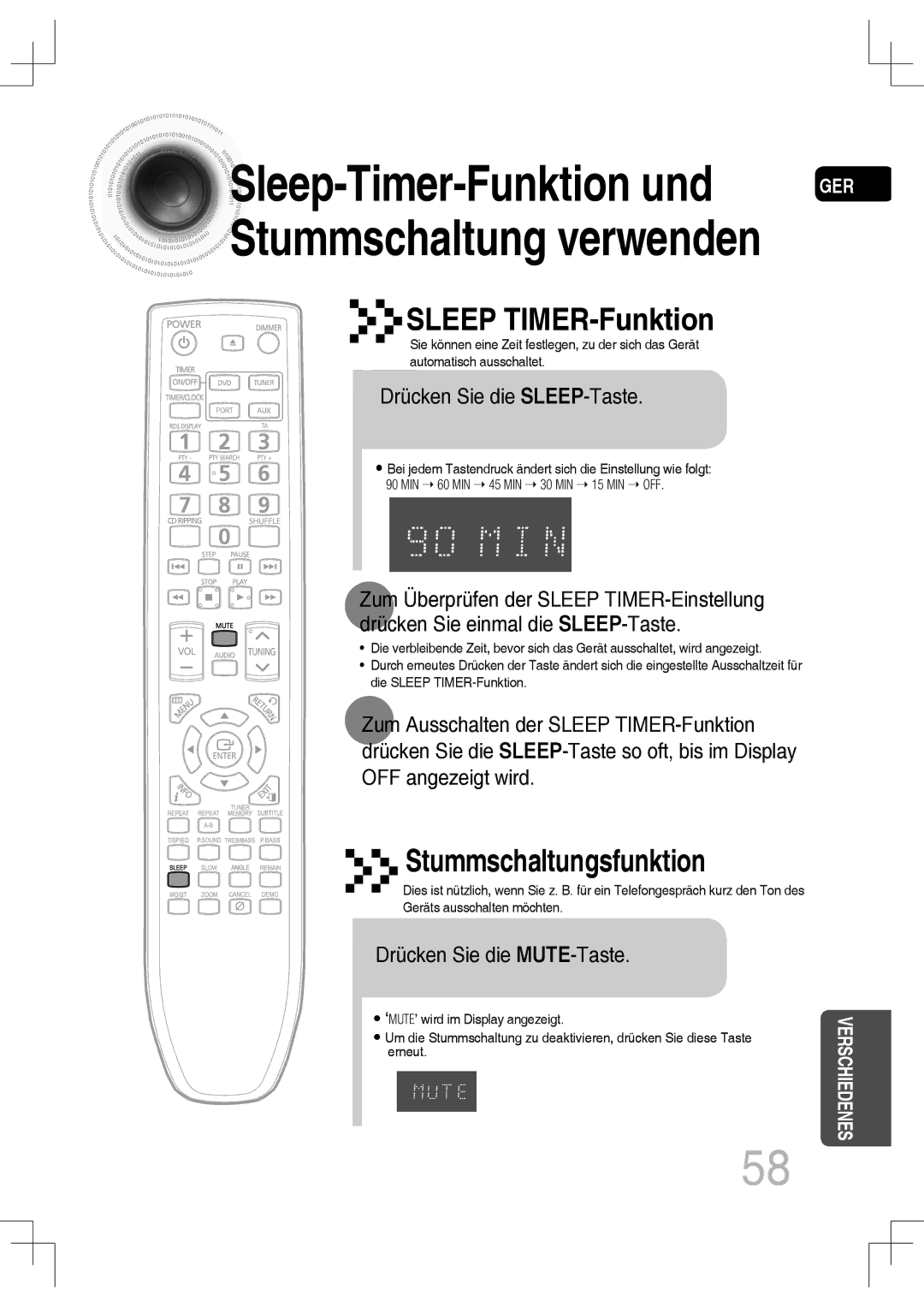 Samsung MM-C530D/EDC, MM-C430D/XEN, MM-C430D/EDC, MM-C550D/EDC manual Drücken Sie die SLEEP-Taste, Drücken Sie die MUTE-Taste 