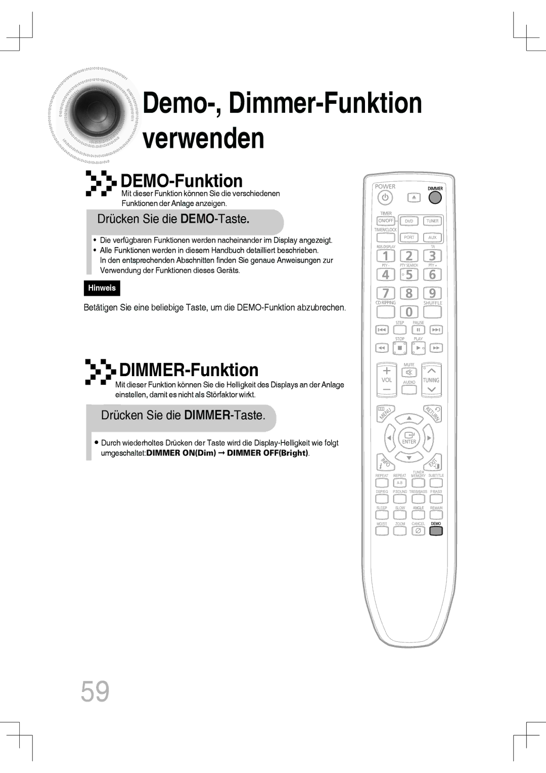 Samsung MM-C430D/XEN, MM-C530D/EDC, MM-C430D/EDC, MM-C550D/EDC manual Drücken Sie die DEMO-Taste, Drücken Sie die DIMMER-Taste 