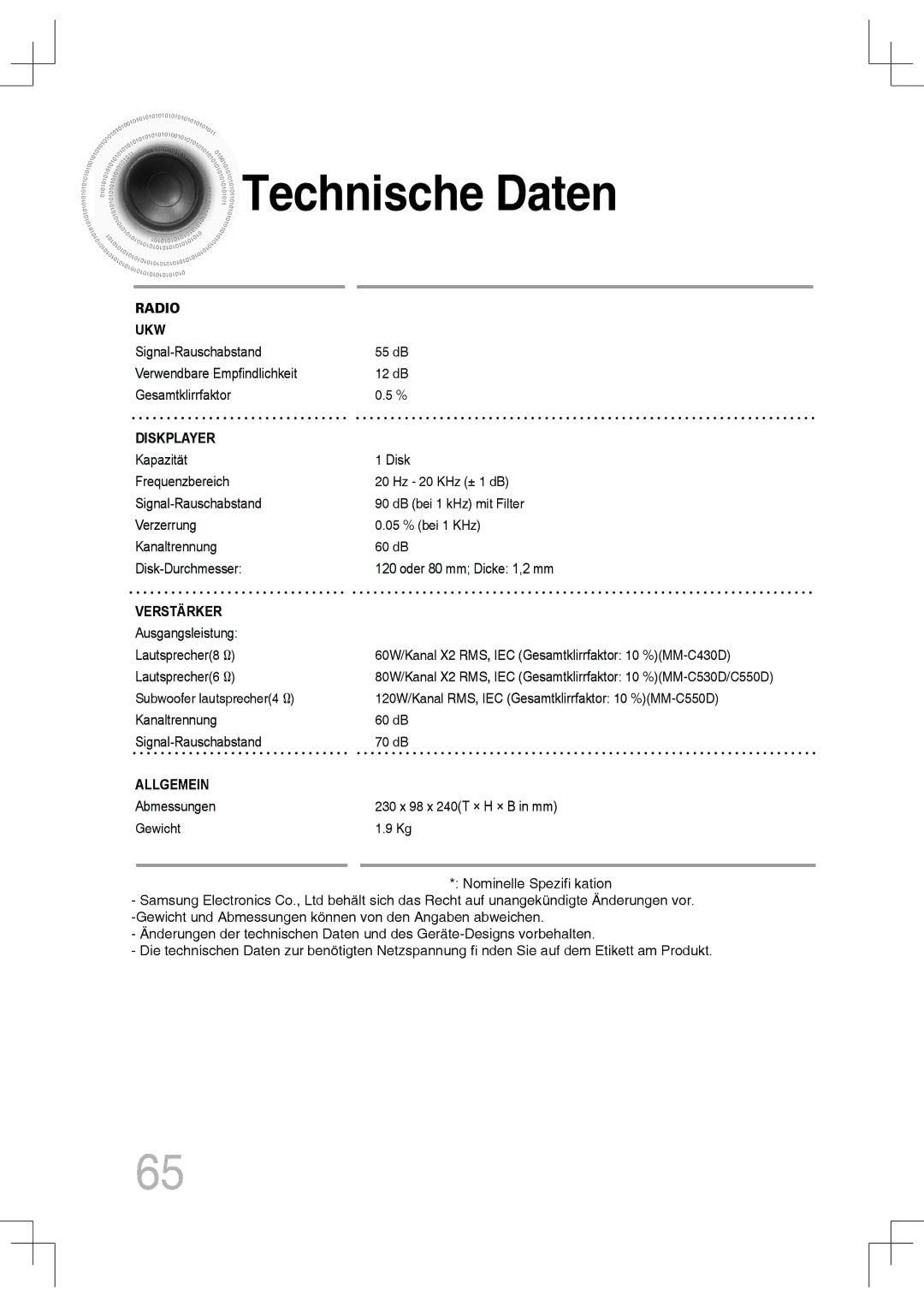 Samsung MM-C430D/EDC, MM-C530D/EDC, MM-C430D/XEN, MM-C550D/EDC, MM-C530D/XEN manual Technische Daten, Diskplayer 