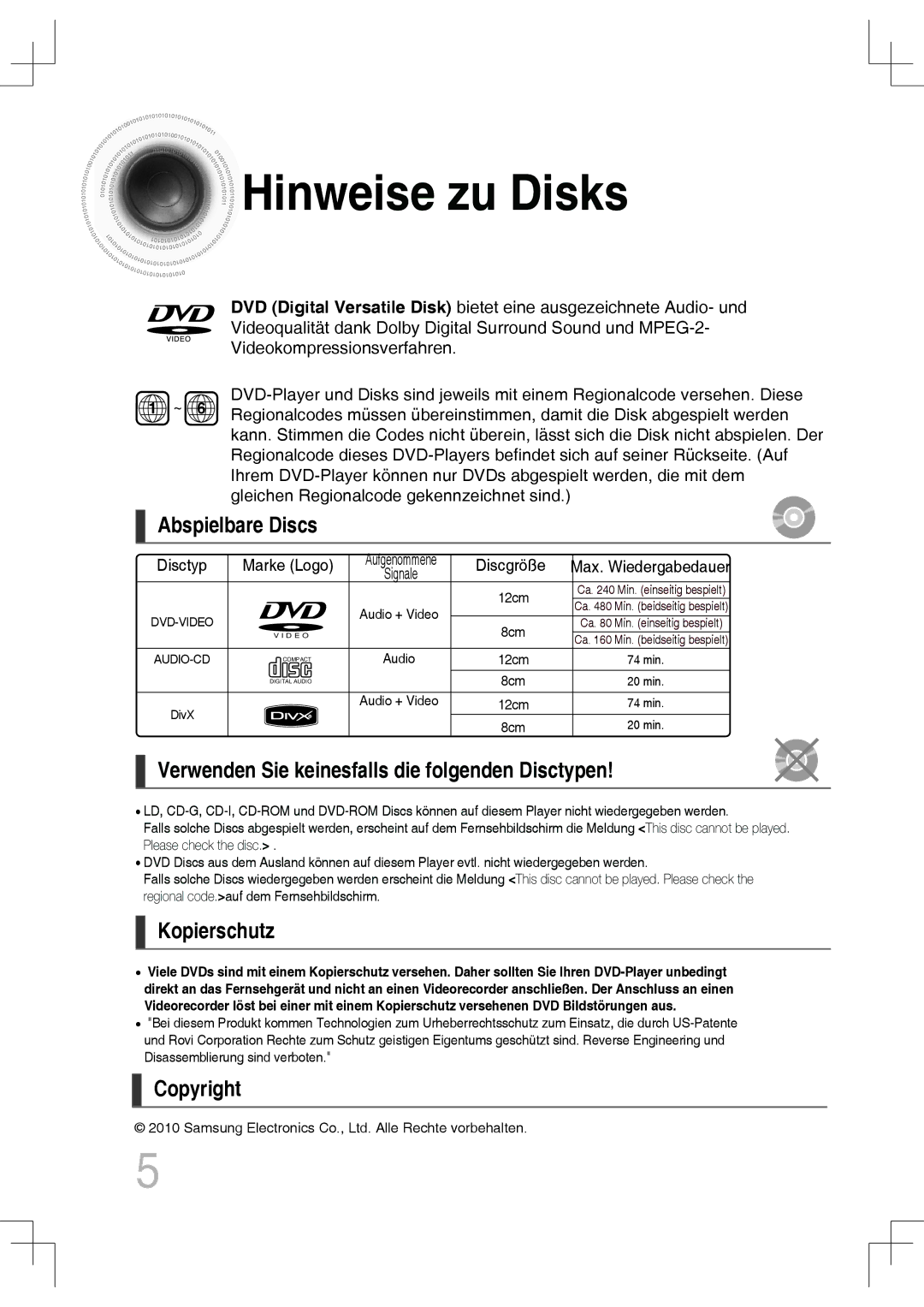 Samsung MM-C430D/EDC Hinweise zu Disks, Abspielbare Discs, Verwenden Sie keinesfalls die folgenden Disctypen, Kopierschutz 