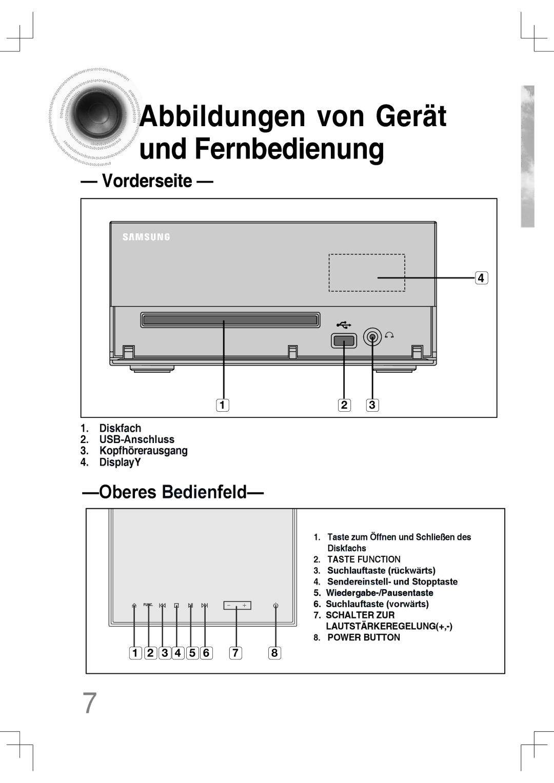 Samsung MM-C530D/XEN, MM-C530D/EDC, MM-C430D/XEN, MM-C430D/EDC Abbildungen von Gerät und Fernbedienung, Oberes Bedienfeld 