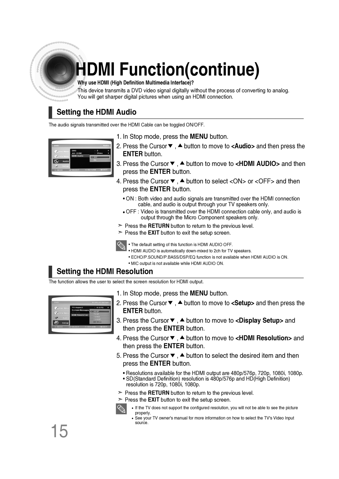 Samsung MM-C530D/XER manual Hdmi Functioncontinue, Setting the Hdmi Audio, Setting the Hdmi Resolution 