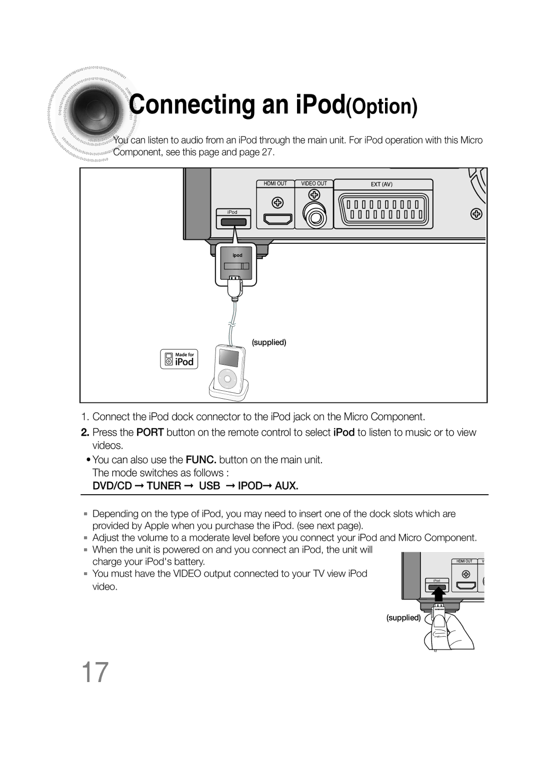 Samsung MM-C530D/XER manual Connecting an iPodOption 