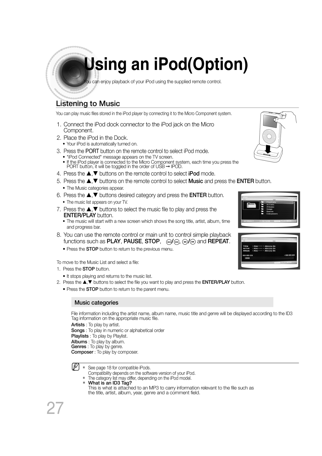 Samsung MM-C530D/XER manual Using an iPodOption, Listening to Music 