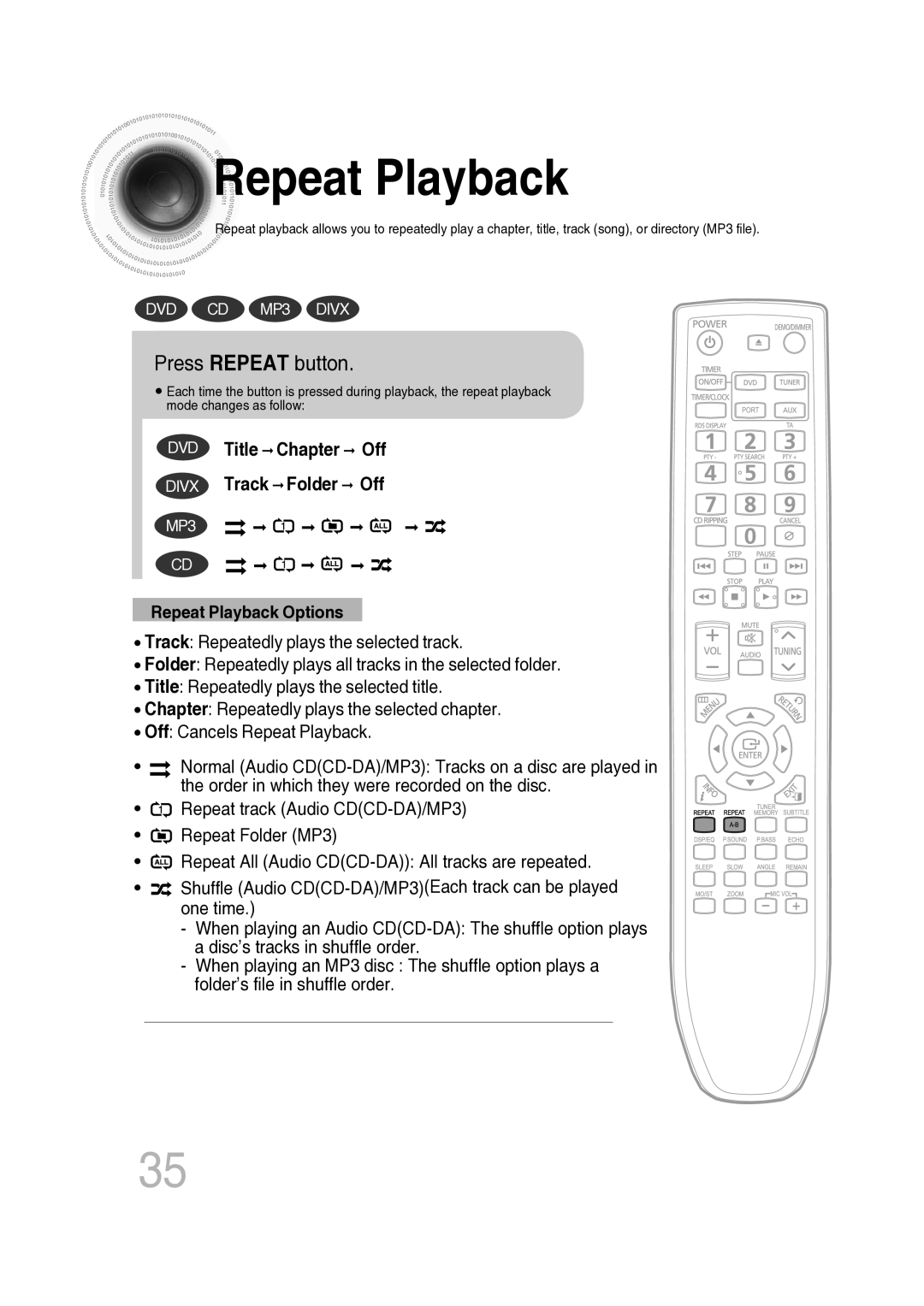 Samsung MM-C530D/XER manual Repeat Playback, Press Repeat button 