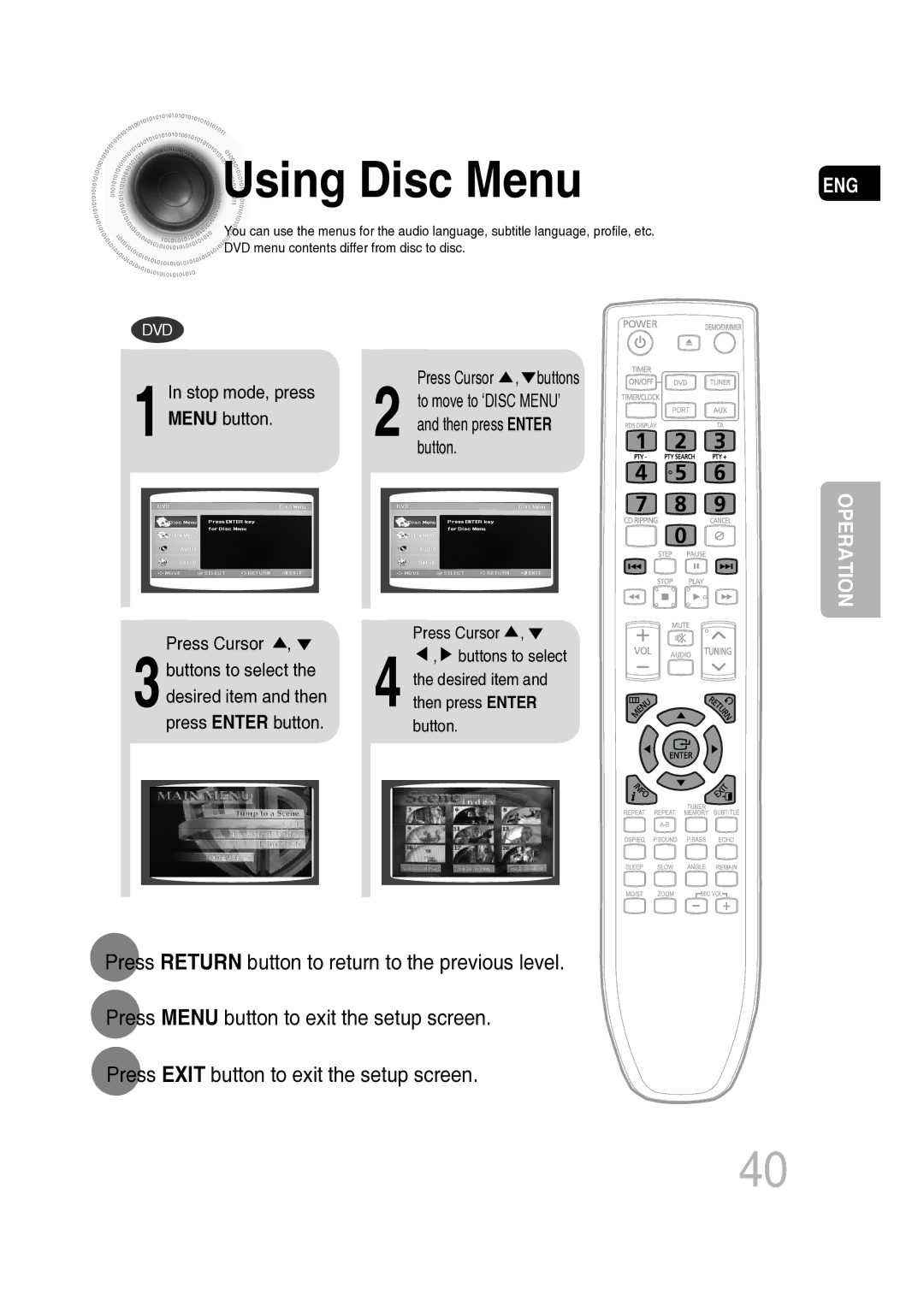 Samsung MM-C530D/XER manual Using Disc Menu, Press Exit button to exit the setup screen 