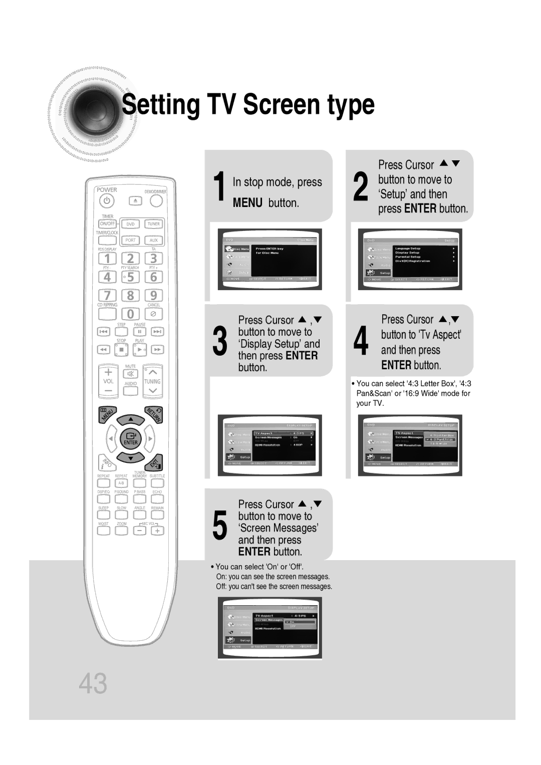 Samsung MM-C530D/XER manual Setting TV Screen type, ‘Display Setup’ and then press Enter button 