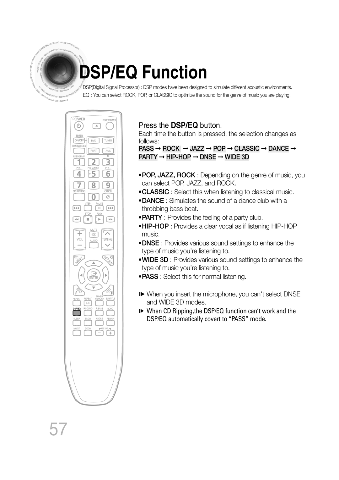 Samsung MM-C530D/XER manual DSP/EQ Function, Press the DSP/EQ button 