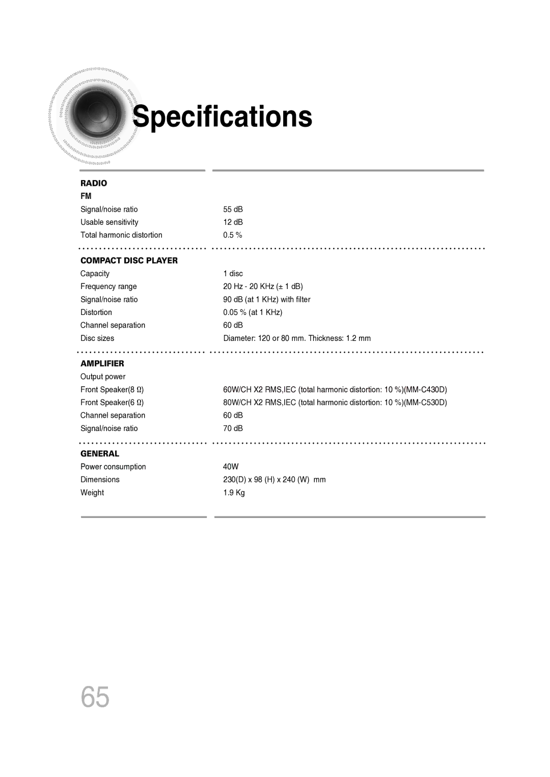 Samsung MM-C530D/XER manual Specifications, Compact Disc Player 