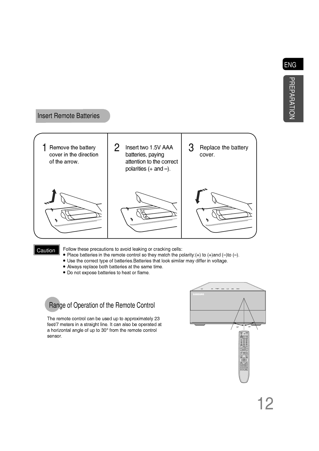 Samsung MM-C430D, MM-C550D, MM-C530D, AH68-02272Y manual Range of Operation of the Remote Control, Insert Remote Batteries 