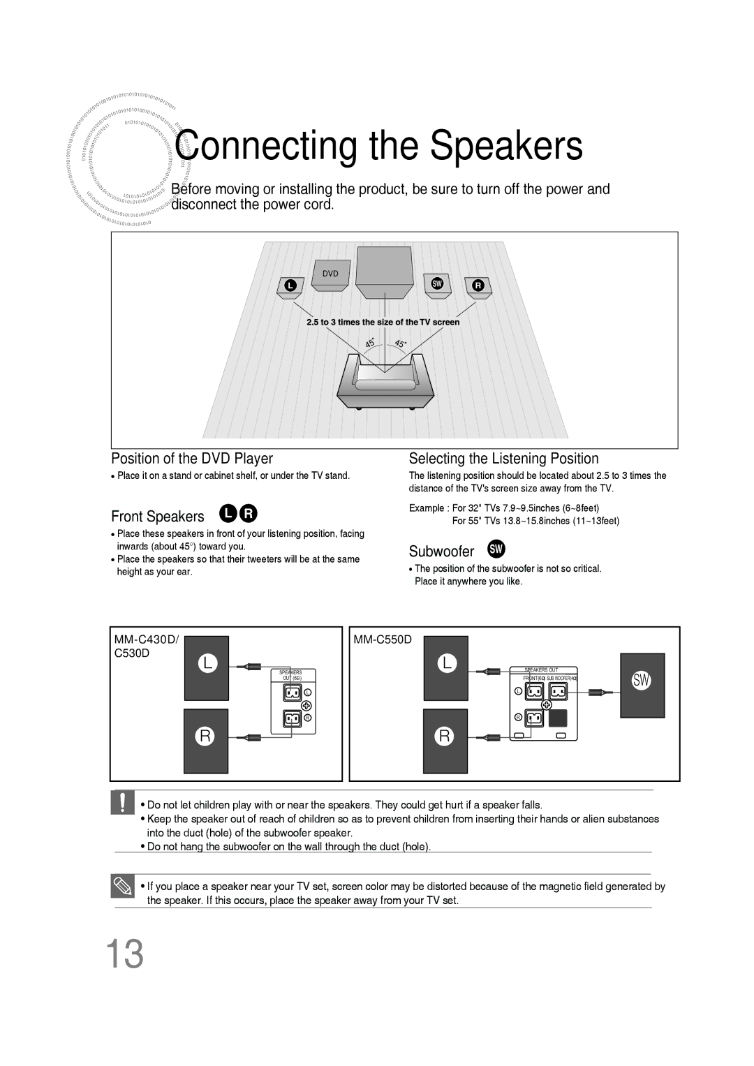 Samsung AH68-02272Y, MM-C550D, MM-C530D, MM-C430D manual Connecting the Speakers, Front Speakers L R 