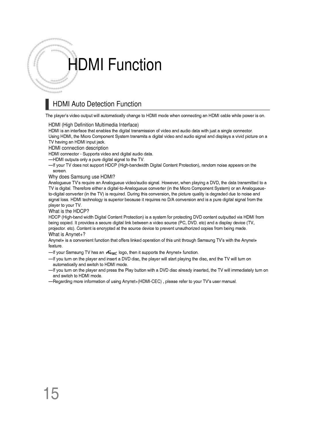 Samsung MM-C530D, MM-C550D, MM-C430D, AH68-02272Y manual Hdmi Function, Hdmi Auto Detection Function 