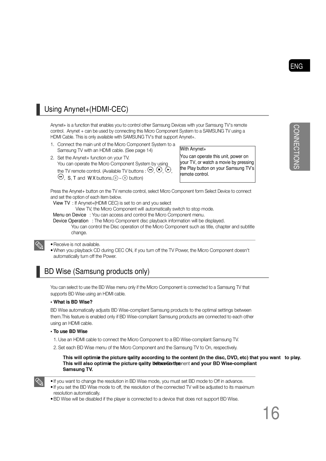 Samsung MM-C430D, MM-C550D, MM-C530D, AH68-02272Y manual Using Anynet+HDMI-CEC, BD Wise Samsung products only 