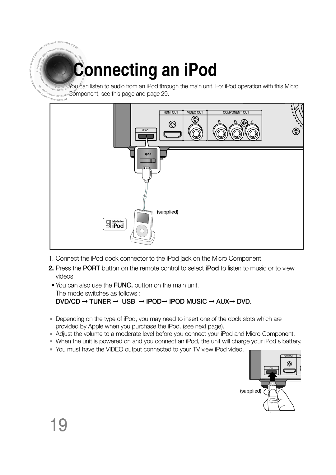 Samsung MM-C530D, MM-C550D, MM-C430D, AH68-02272Y manual Connecting an iPod, DVD/CD Tuner USB Ipod Ipod Music AUX DVD 