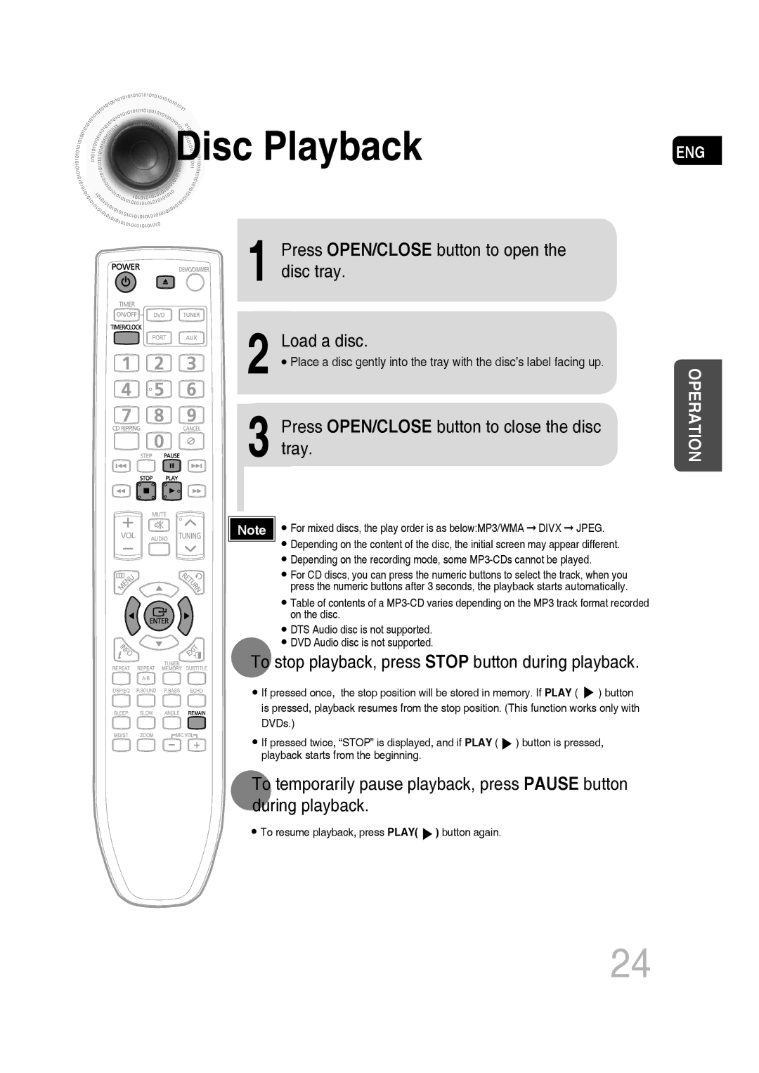 Samsung MM-C430D, MM-C550D, MM-C530D, AH68-02272Y Disc Playback, Press OPEN/CLOSE button to open the disc tray Load a disc 