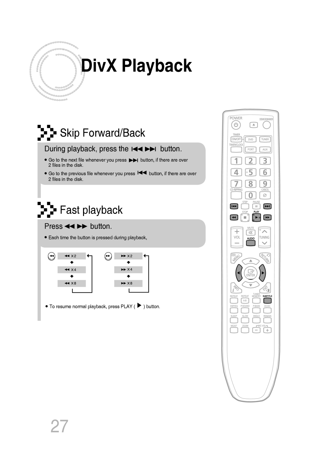 Samsung MM-C530D, MM-C550D, MM-C430D, AH68-02272Y manual DivX Playback, During playback, press the button, Press button 