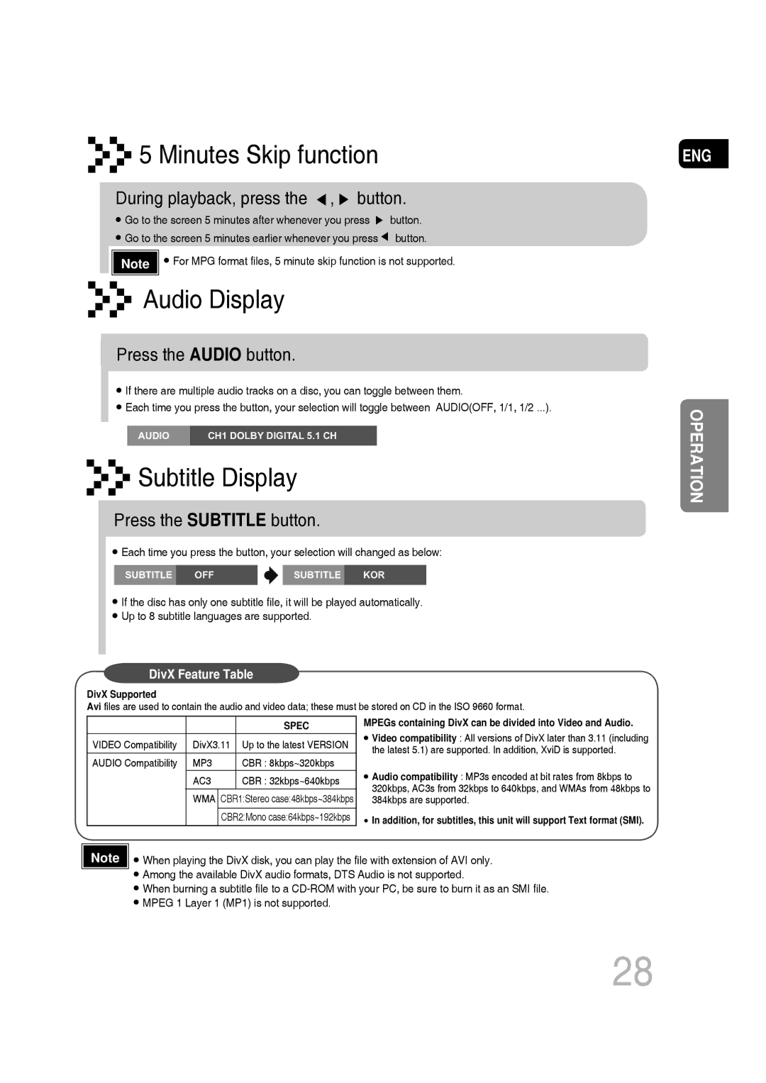 Samsung MM-C430D, MM-C550D, MM-C530D During playback, press the , button, Press the Audio button, Press the Subtitle button 