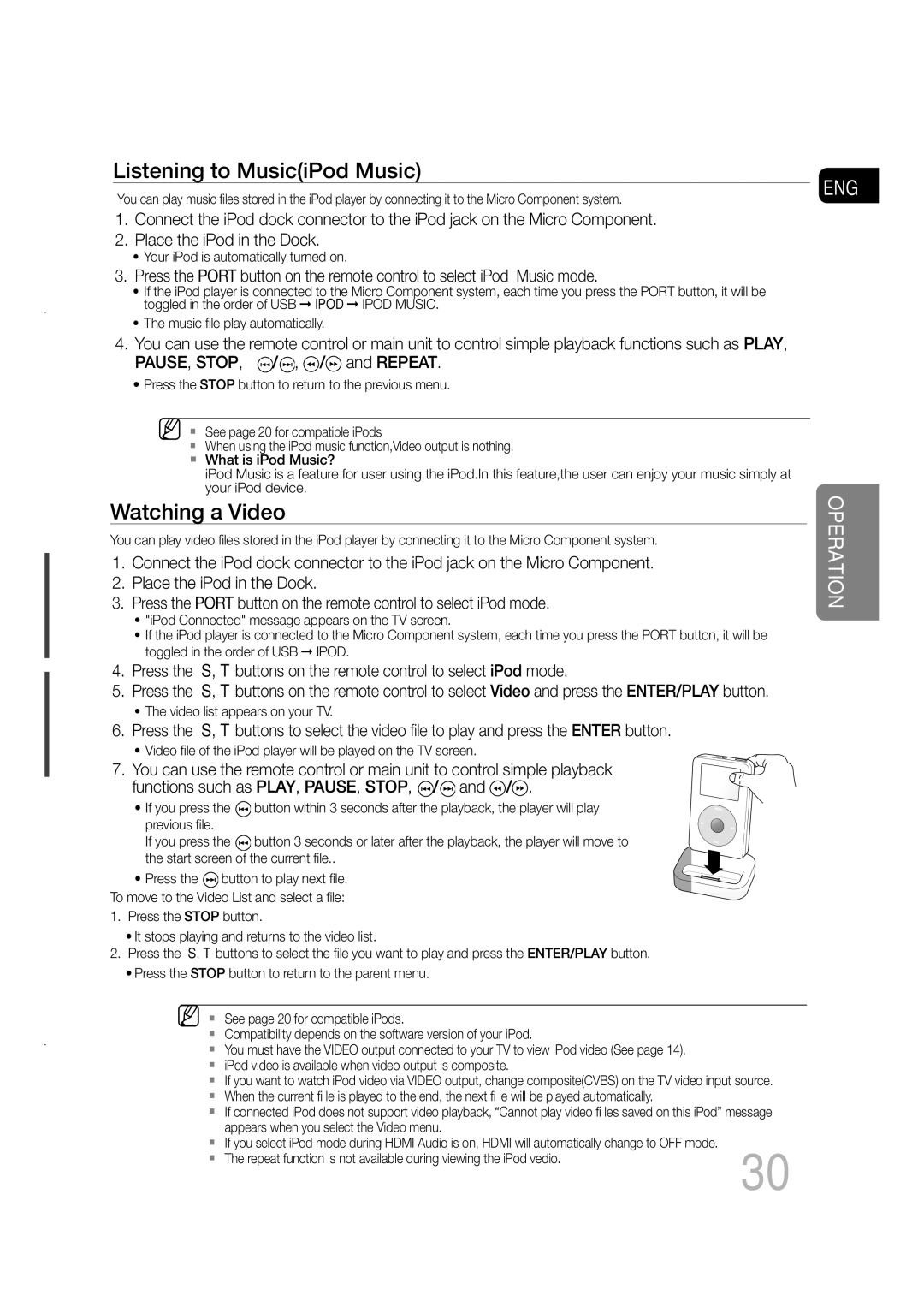 Samsung MM-C550D, MM-C530D, MM-C430D, AH68-02272Y manual Listening to MusiciPod Music, Watching a Video 