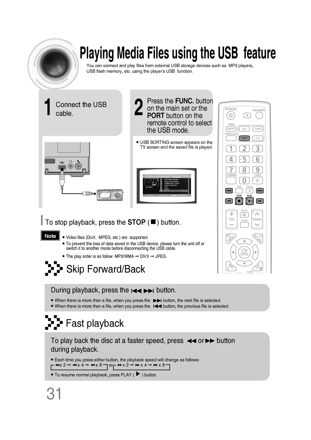 Samsung MM-C530D, MM-C550D, MM-C430D, AH68-02272Y manual Connect the USB cable, To stop playback, press the Stop button 