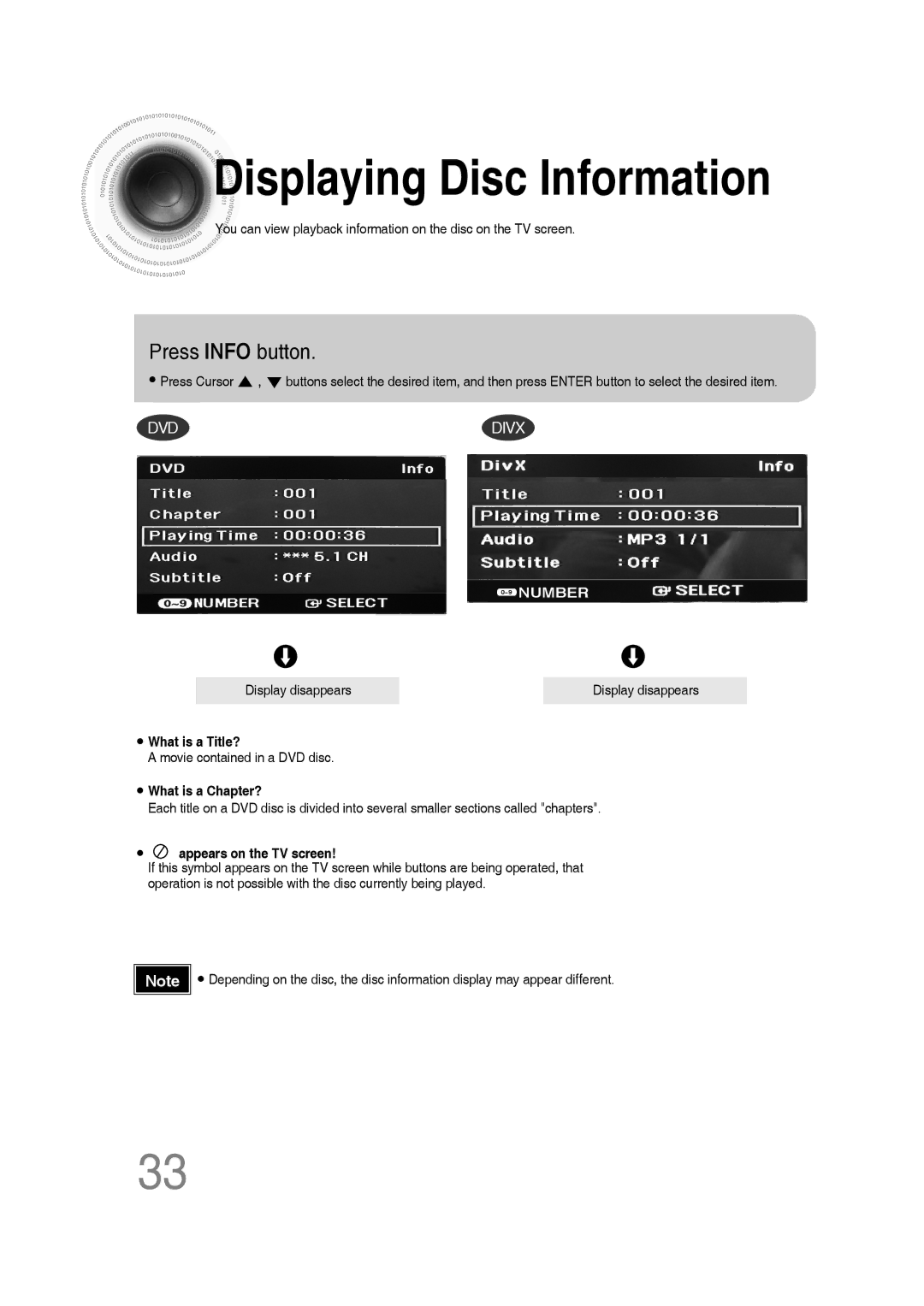 Samsung AH68-02272Y, MM-C550D, MM-C530D, MM-C430D manual Displaying Disc Information, Press Info button 