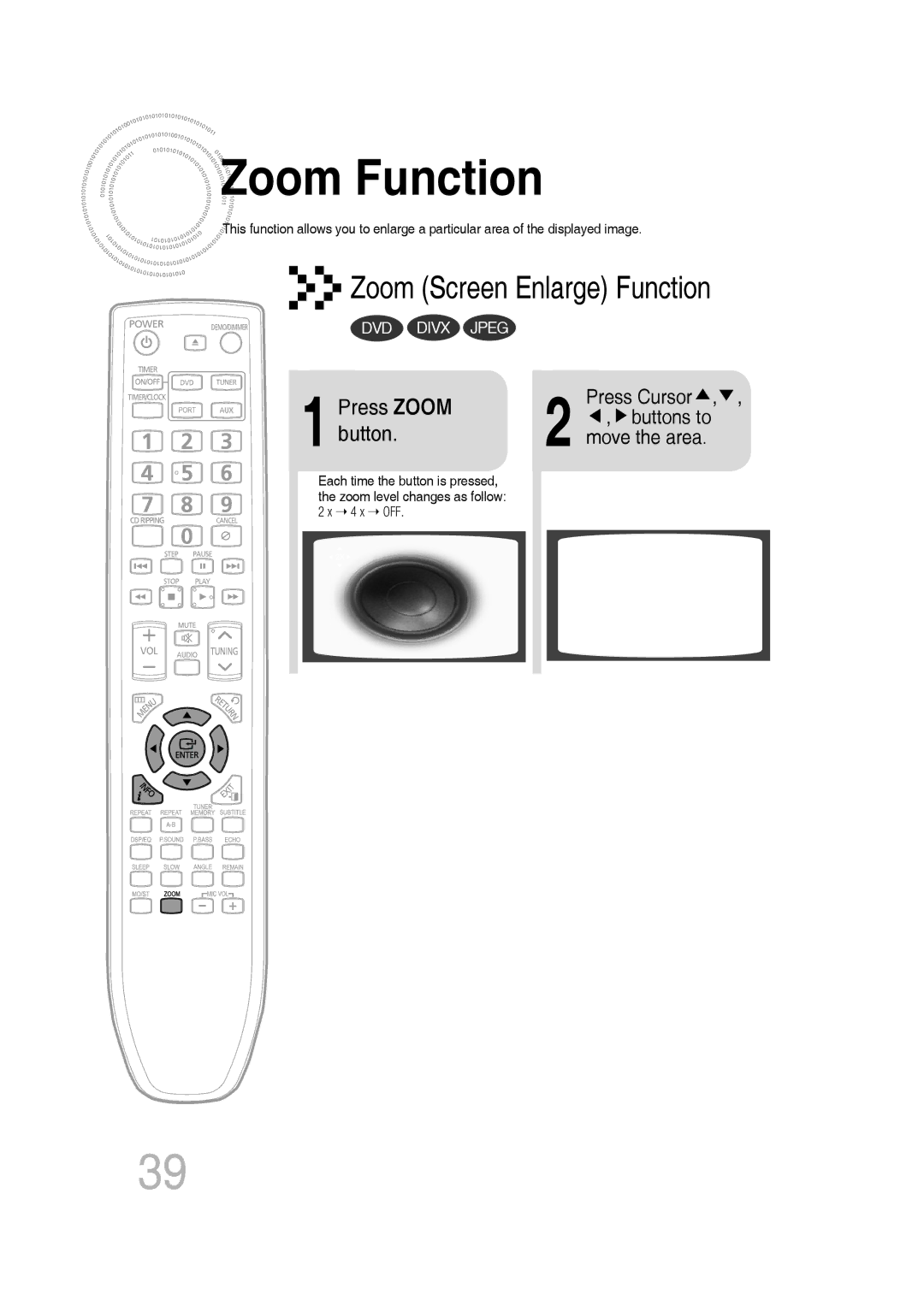 Samsung MM-C530D, MM-C550D, MM-C430D, AH68-02272Y manual Zoom Function, Press Zoom, Button 