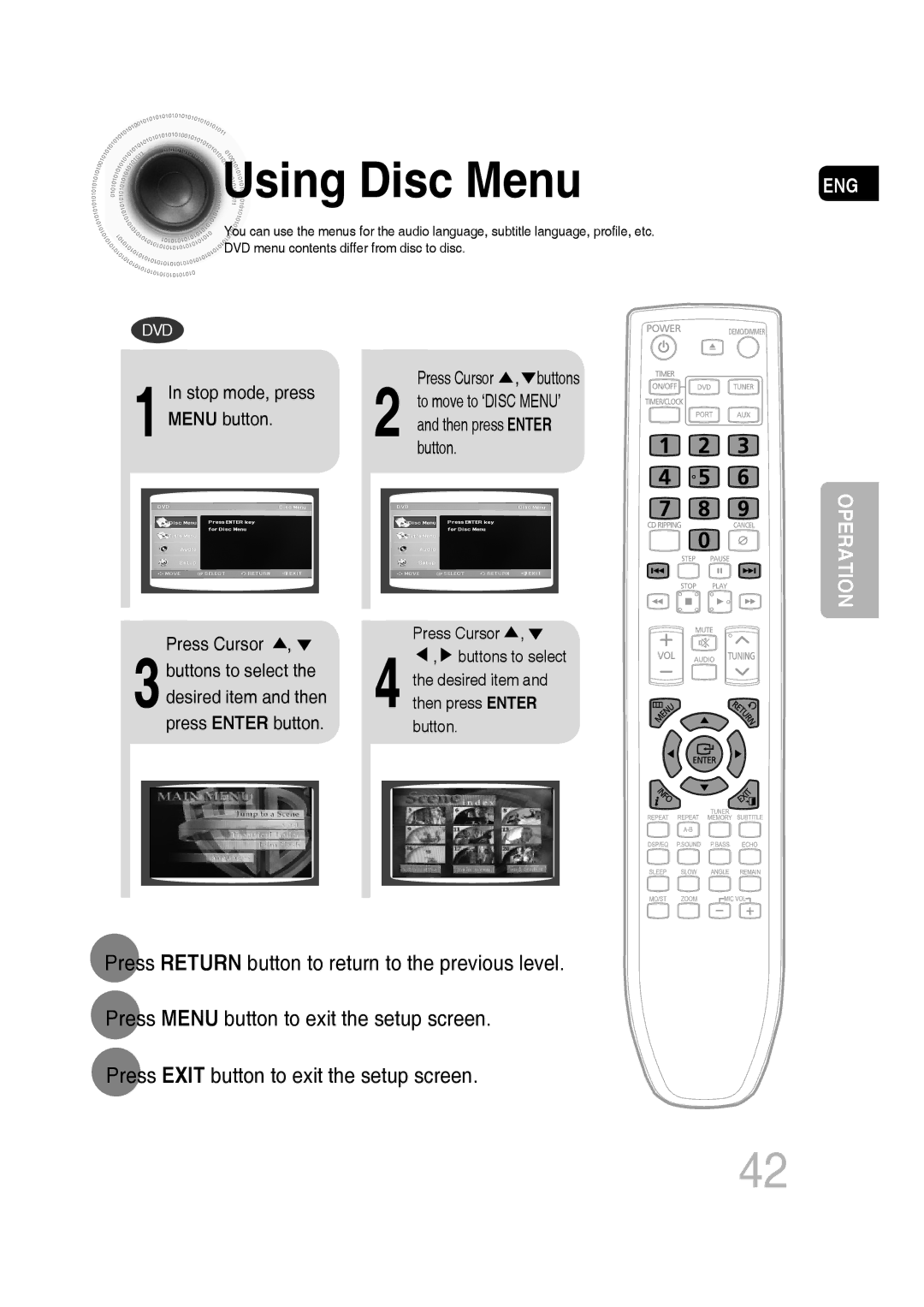 Samsung MM-C550D, MM-C530D, MM-C430D, AH68-02272Y manual Using Disc Menu, Press Exit button to exit the setup screen 