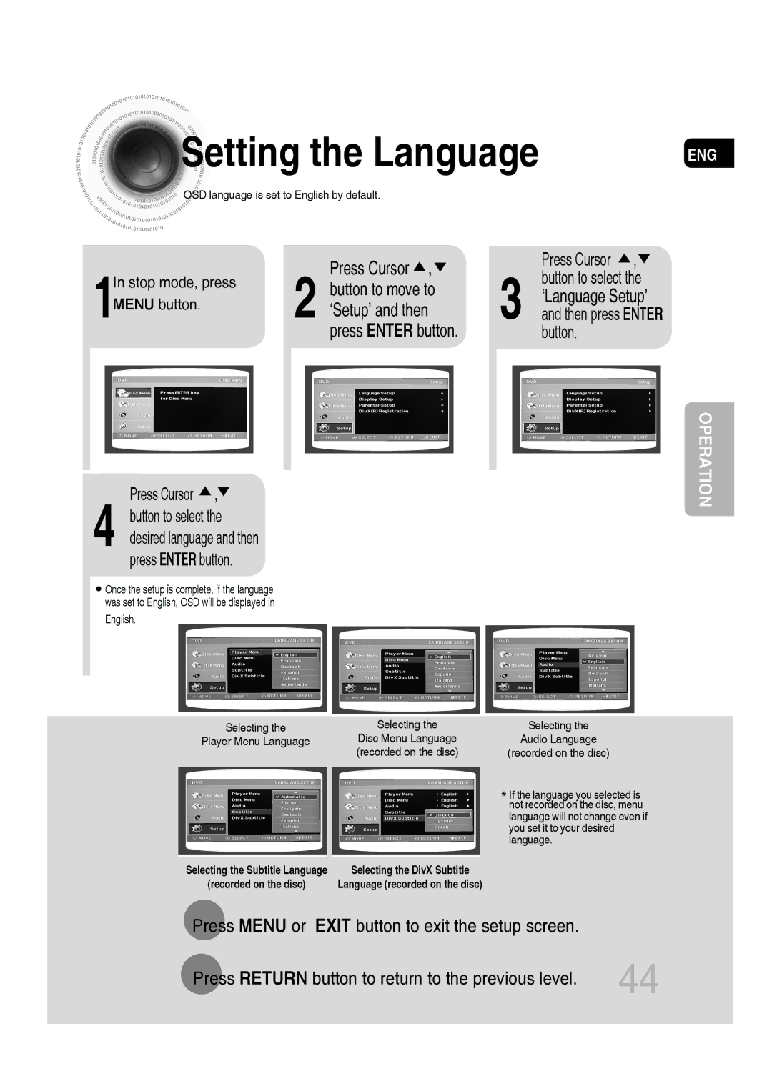 Samsung MM-C430D, MM-C550D, MM-C530D, AH68-02272Y Setting the Language, Press Cursor, Button to move to, ‘Setup’ and then 