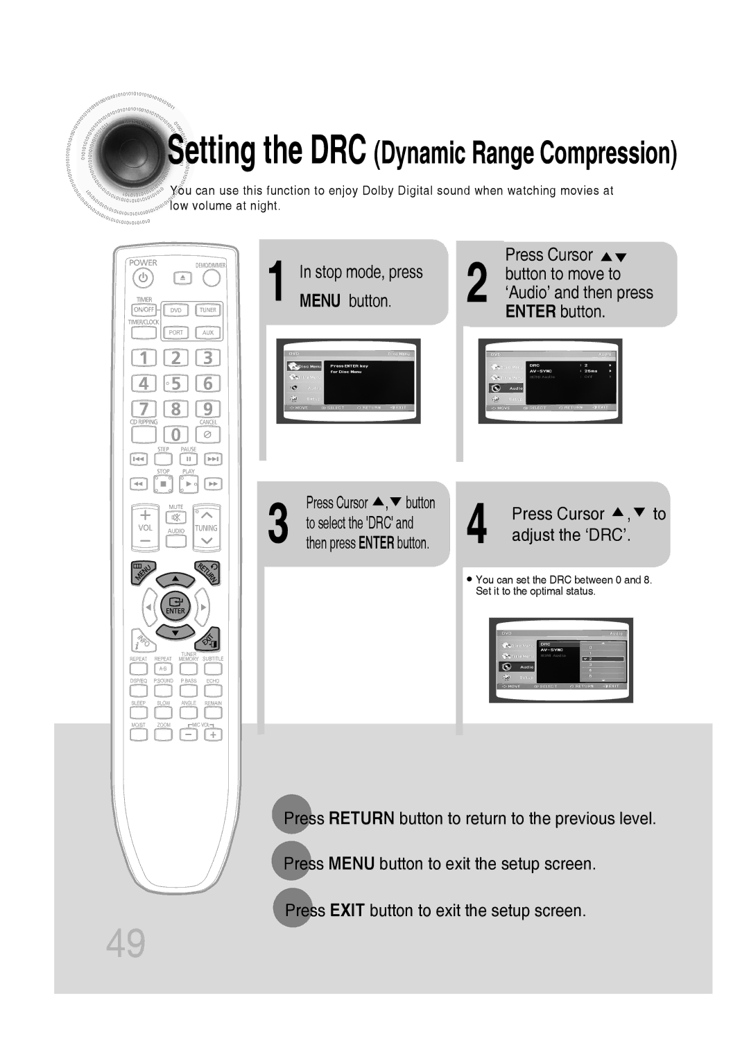 Samsung AH68-02272Y, MM-C550D, MM-C530D manual Setting the DRC Dynamic Range Compression, Press Cursor , to adjust the ‘DRC’ 