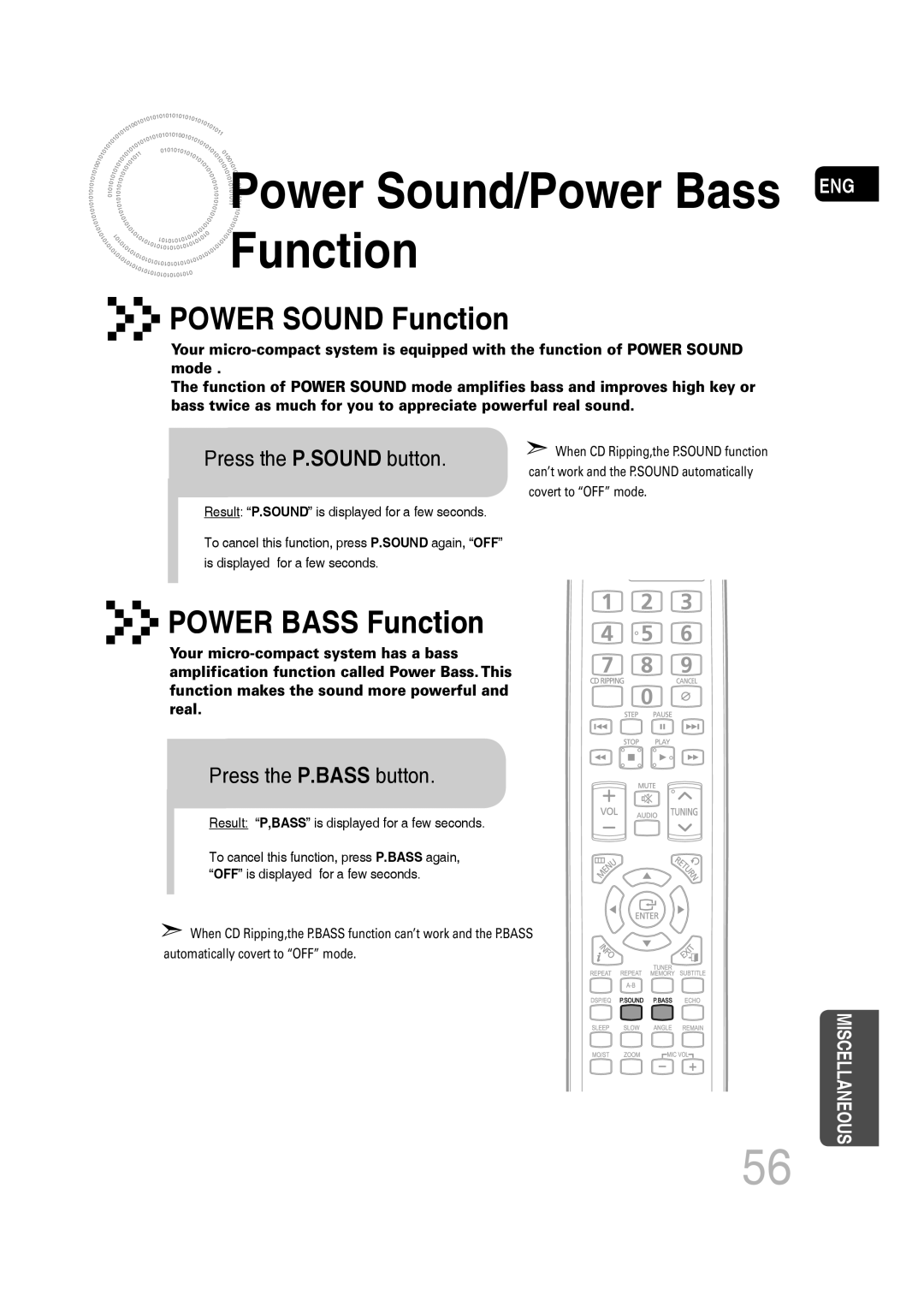 Samsung MM-C430D, MM-C550D, MM-C530D Power Sound/Power Bass ENG Function, Press the P.SOUND button, Press the P.BASS button 