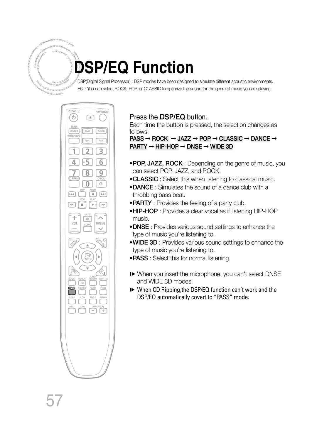 Samsung AH68-02272Y, MM-C550D, MM-C530D, MM-C430D manual DSP/EQ Function, Press the DSP/EQ button 