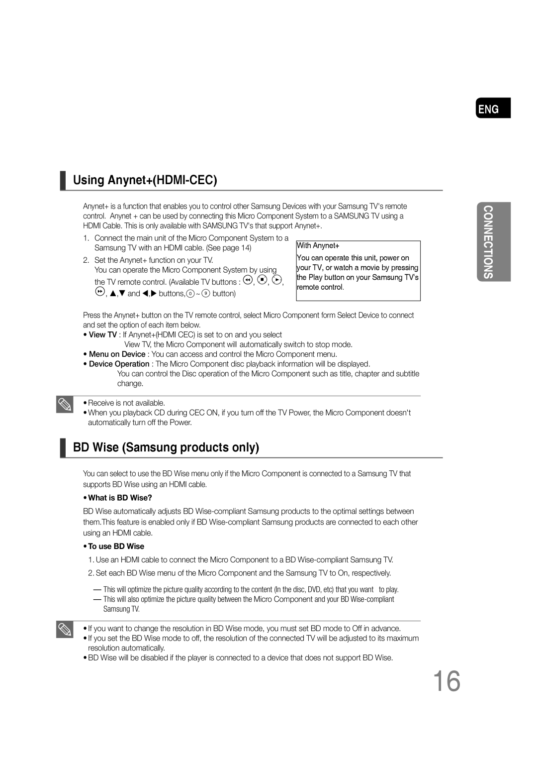 Samsung MM-C430D manual Using Anynet+HDMI-CEC, BD Wise Samsung products only, Connections, What is BD Wise?, To use BD Wise 