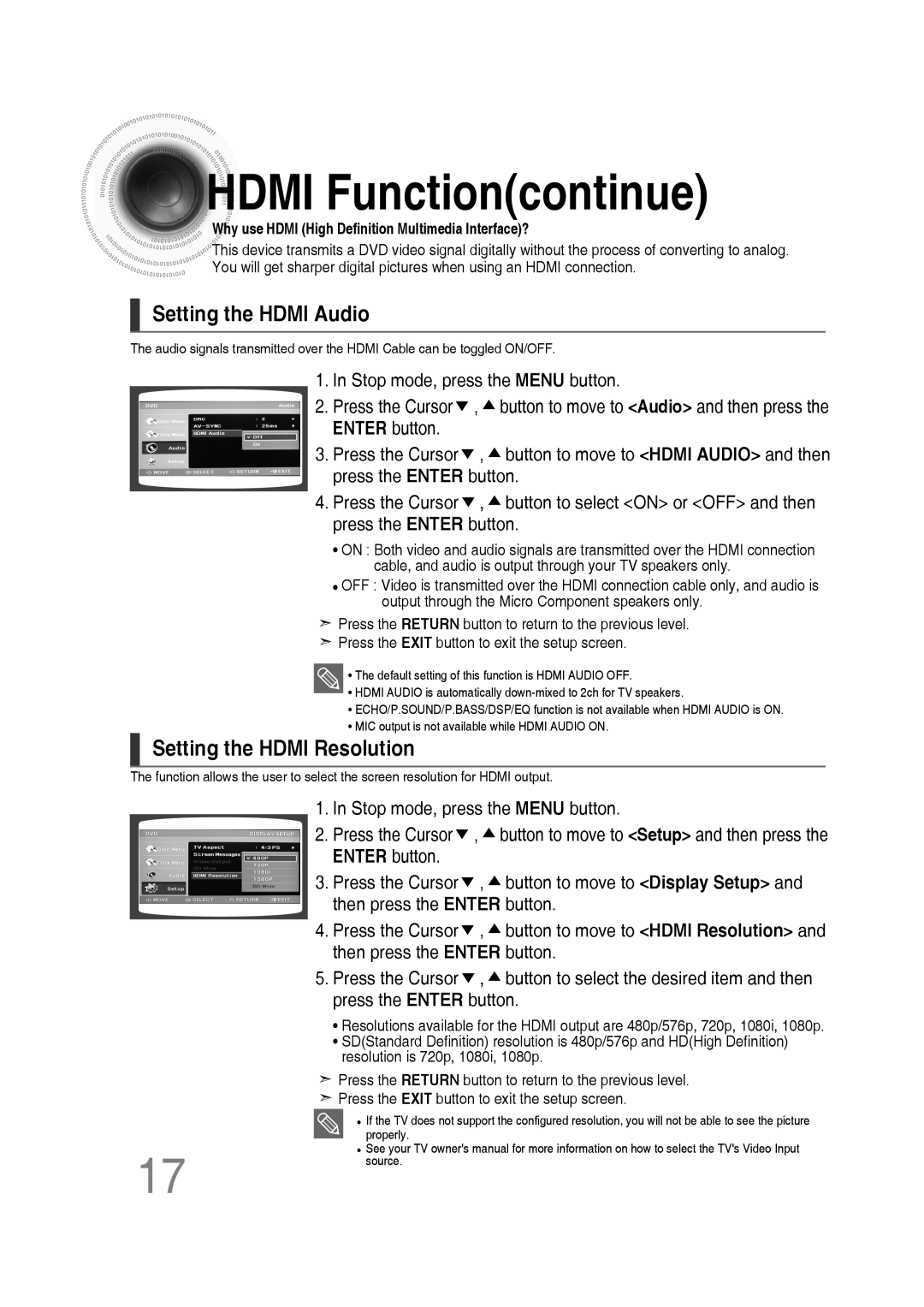Samsung AH68-02272Y, MM-C550D, MM-C530D, MM-C430D HDMI Functioncontinue, Setting the HDMI Audio, Setting the HDMI Resolution 