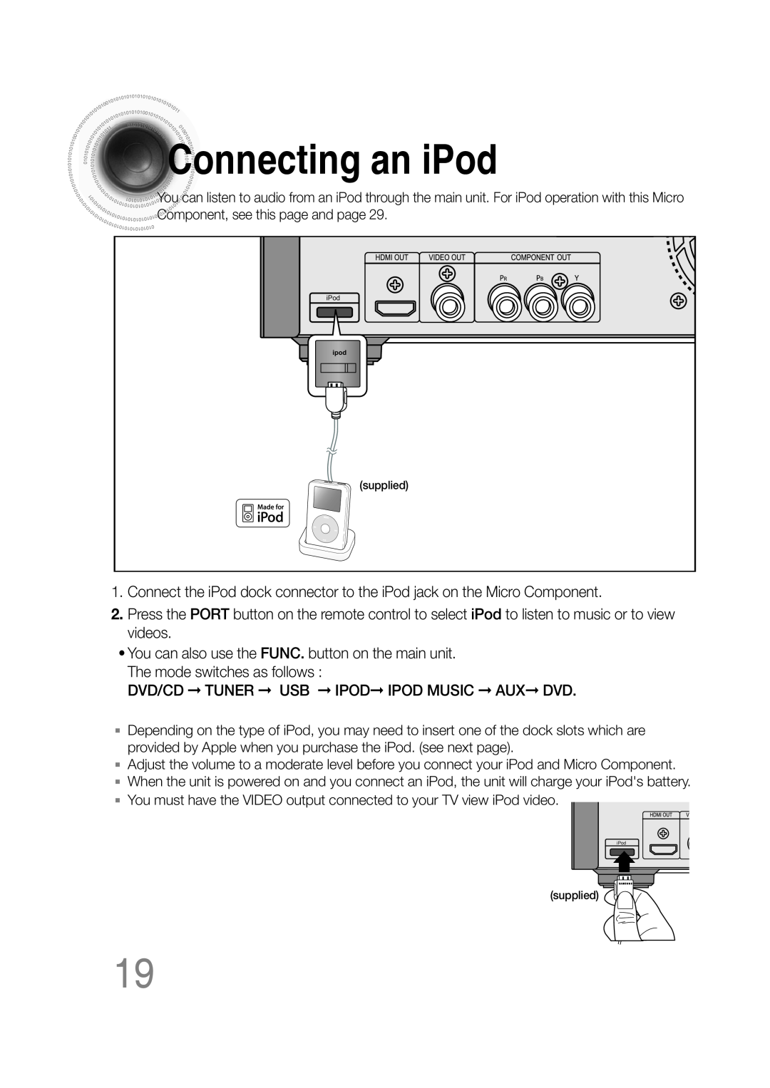 Samsung MM-C530D, MM-C550D, MM-C430D, AH68-02272Y manual Connecting an iPod 