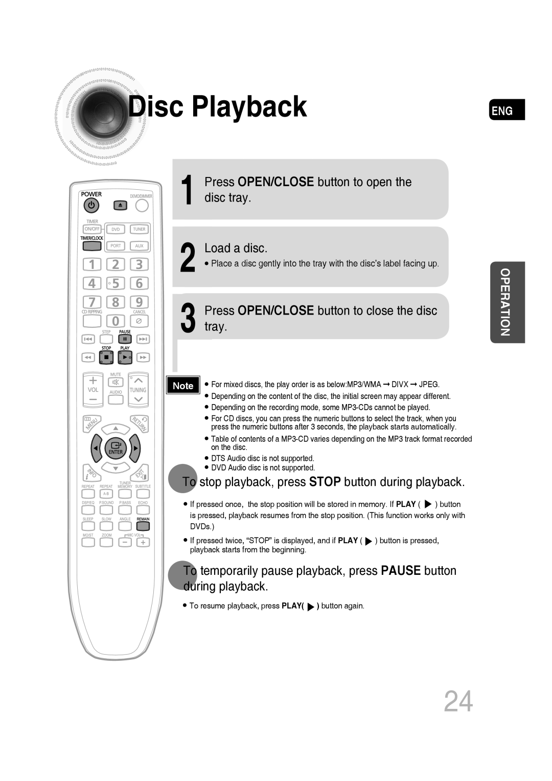 Samsung MM-C430D, MM-C550D, MM-C530D Disc Playback, Press OPEN/CLOSE button to open the disc tray 2 Load a disc, Operation 