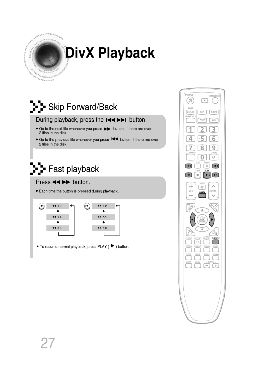 Samsung MM-C530D manual DivX Playback, Skip Forward/Back, Fast playback, During playback, press the button, Press button 