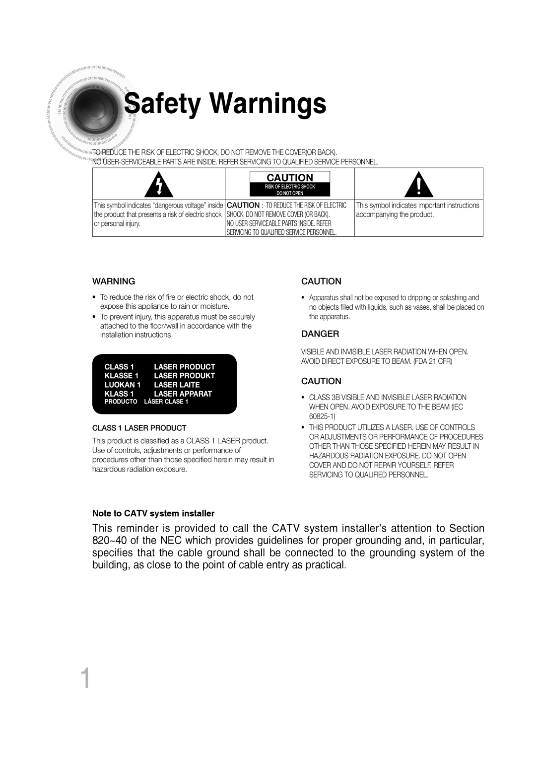 Samsung AH68-02272Y, MM-C550D, MM-C530D manual Safety Warnings, Danger, Note to CATV system installer, KLASS 1 LASER APPARAT 