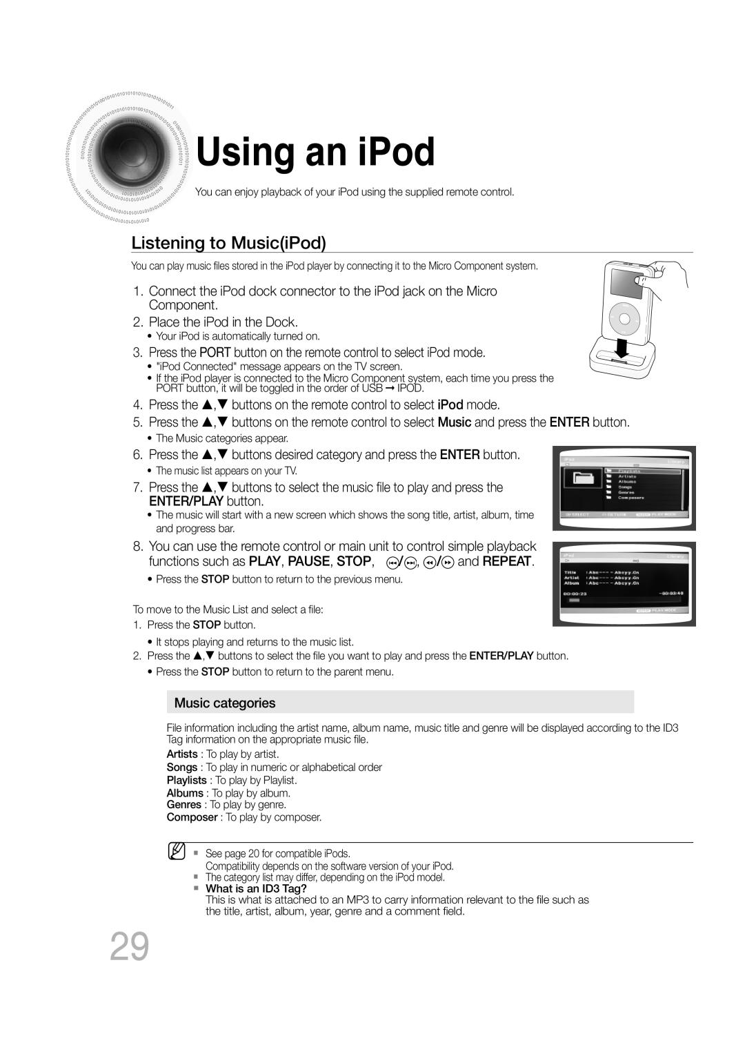 Samsung AH68-02272Y, MM-C550D, MM-C530D, MM-C430D manual Using an iPod, Listening to MusiciPod 