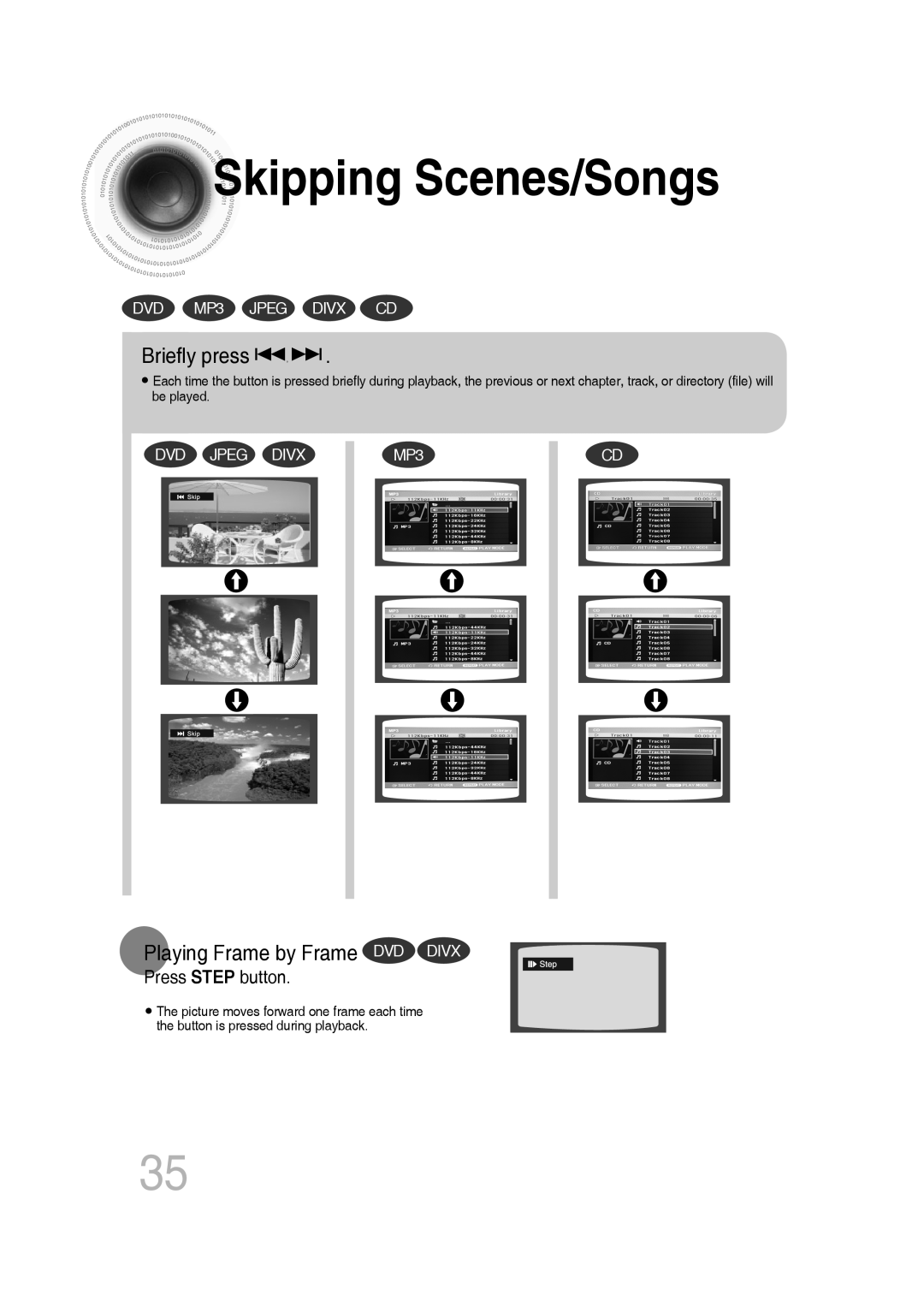 Samsung MM-C530D Skipping Scenes/Songs, Briefly press, Playing Frame by Frame DVD DIVX, Press STEP button, Dvd Jpeg Divx 