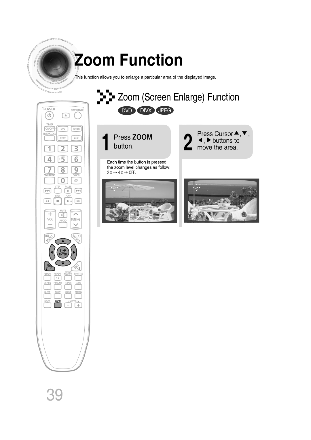 Samsung MM-C530D Zoom Function, Zoom Screen Enlarge Function, Press ZOOM, Press Cursor, buttons to, move the area 