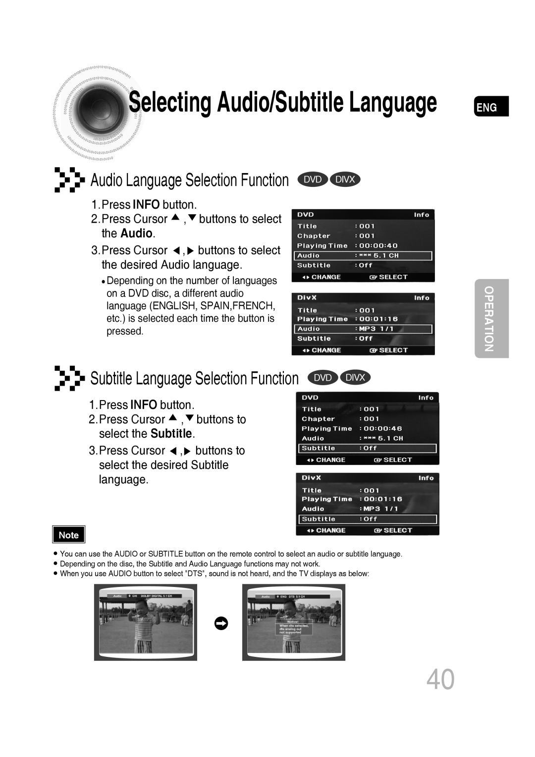 Samsung MM-C430D Audio Language Selection Function DVD DIVX, Subtitle Language Selection Function DVD DIVX, Operation 
