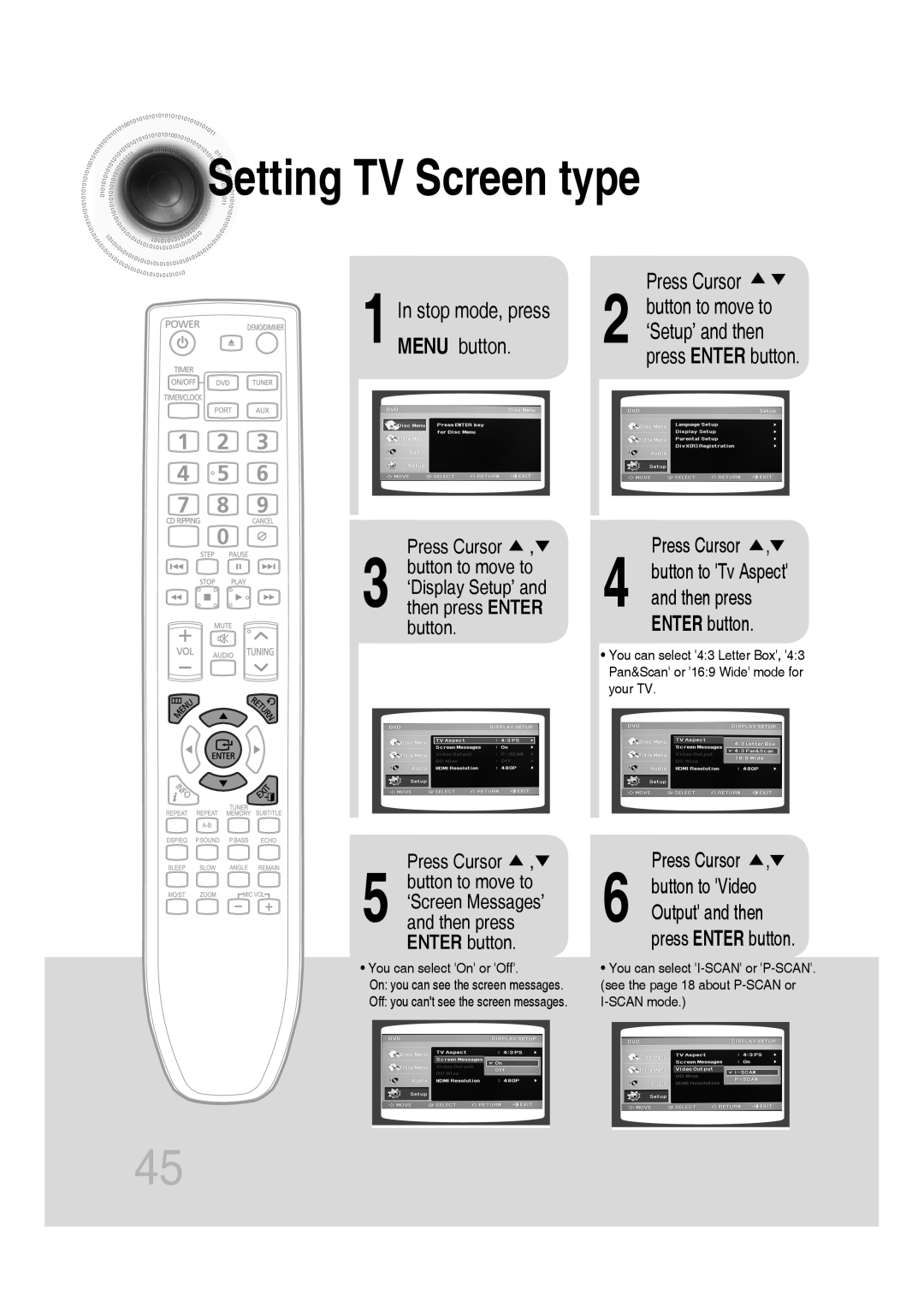 Samsung AH68-02272Y Setting TV Screen type, ‘Display Setup’ and then press ENTER button, In stop mode, press MENU button 
