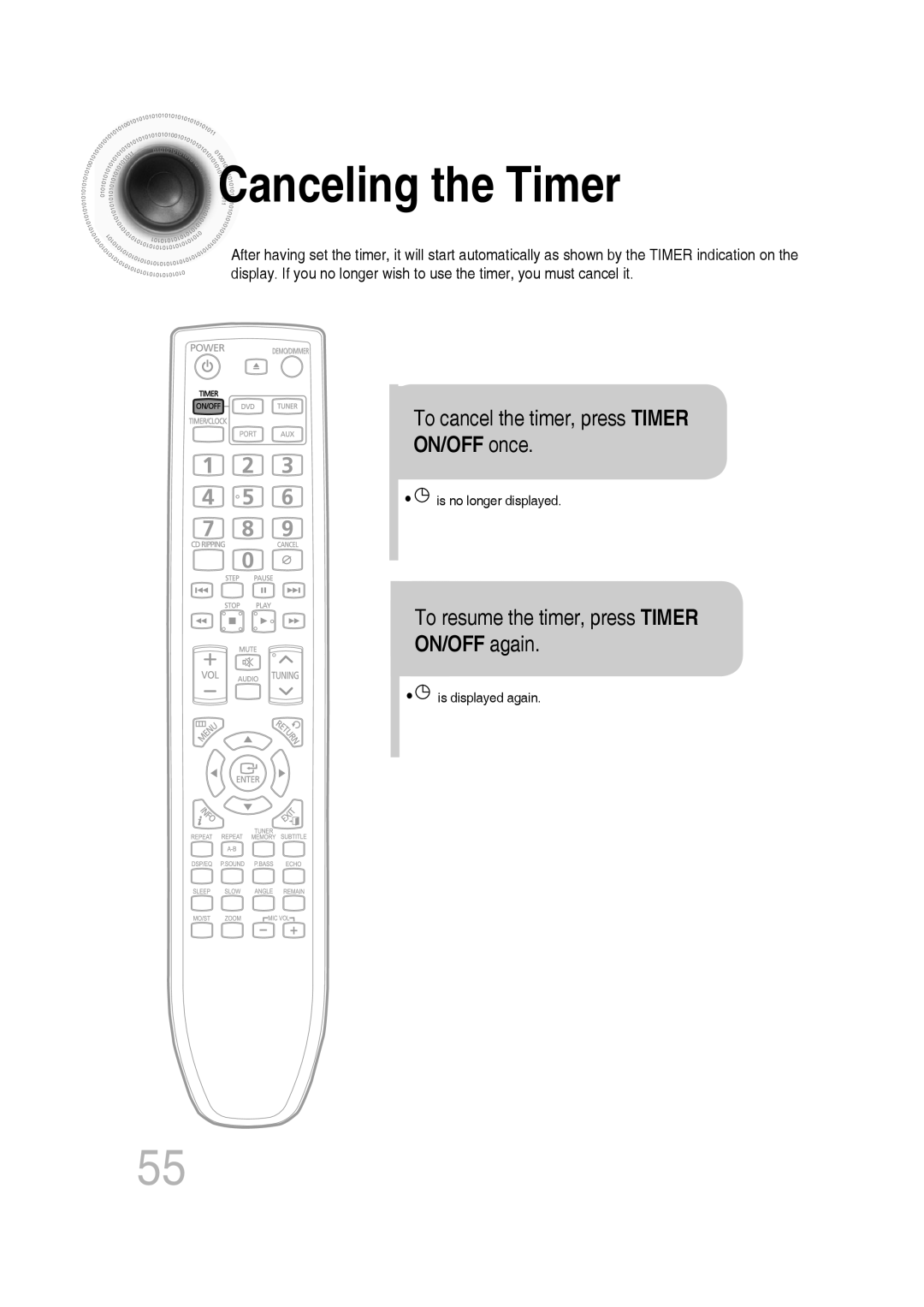 Samsung MM-C530D Canceling the Timer, To cancel the timer, press TIMER, ON/OFF once, To resume the timer, press TIMER 