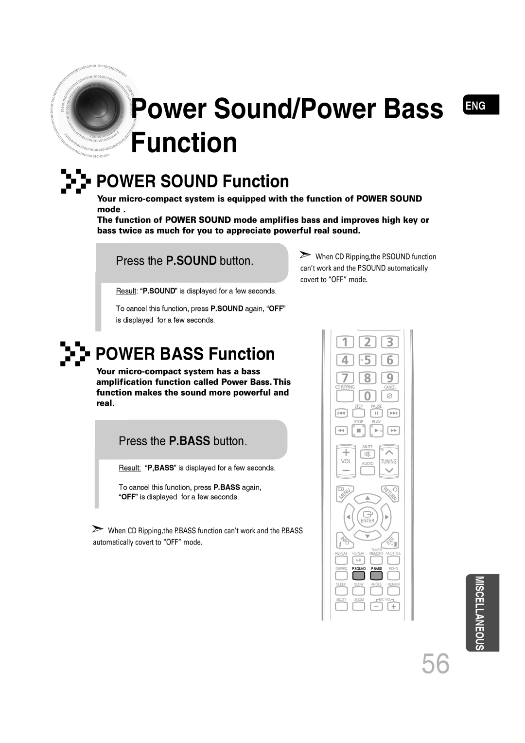 Samsung MM-C430D Power Sound/Power Bass ENG Function, POWER SOUND Function, POWER BASS Function, Press the P.SOUND button 
