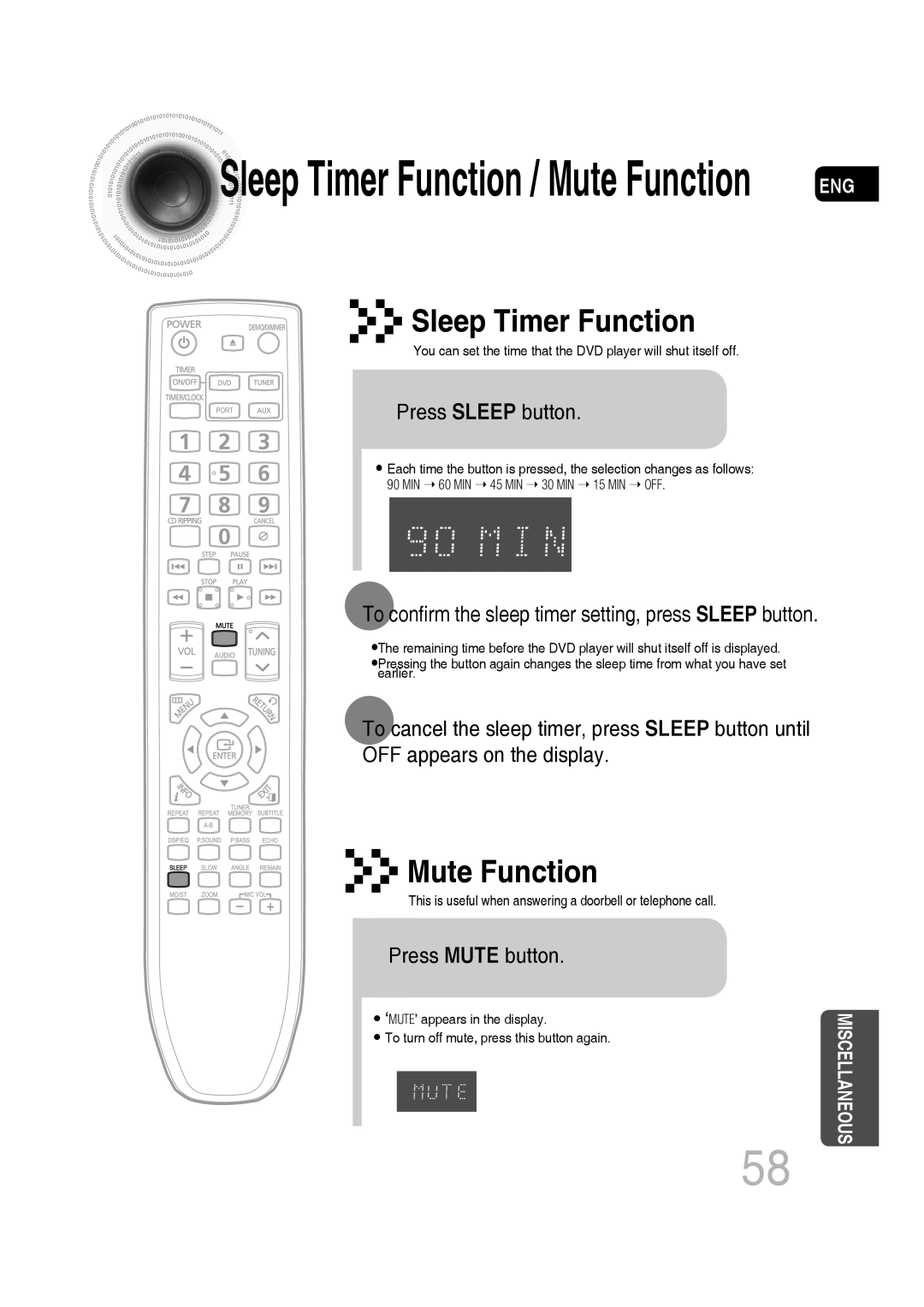 Samsung MM-C550D, MM-C530D manual Sleep Timer Function, Mute Function, Press SLEEP button, Press MUTE button, Miscellaneous 